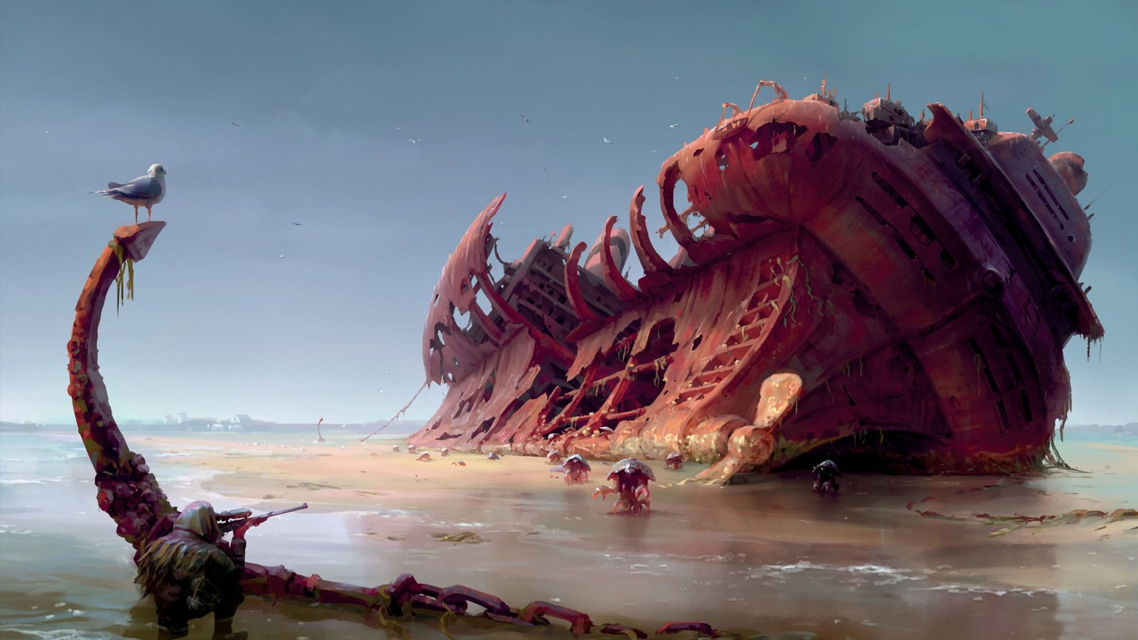 wrecked ship on shore wallpaper digital art shipwreck sea 2k 4k