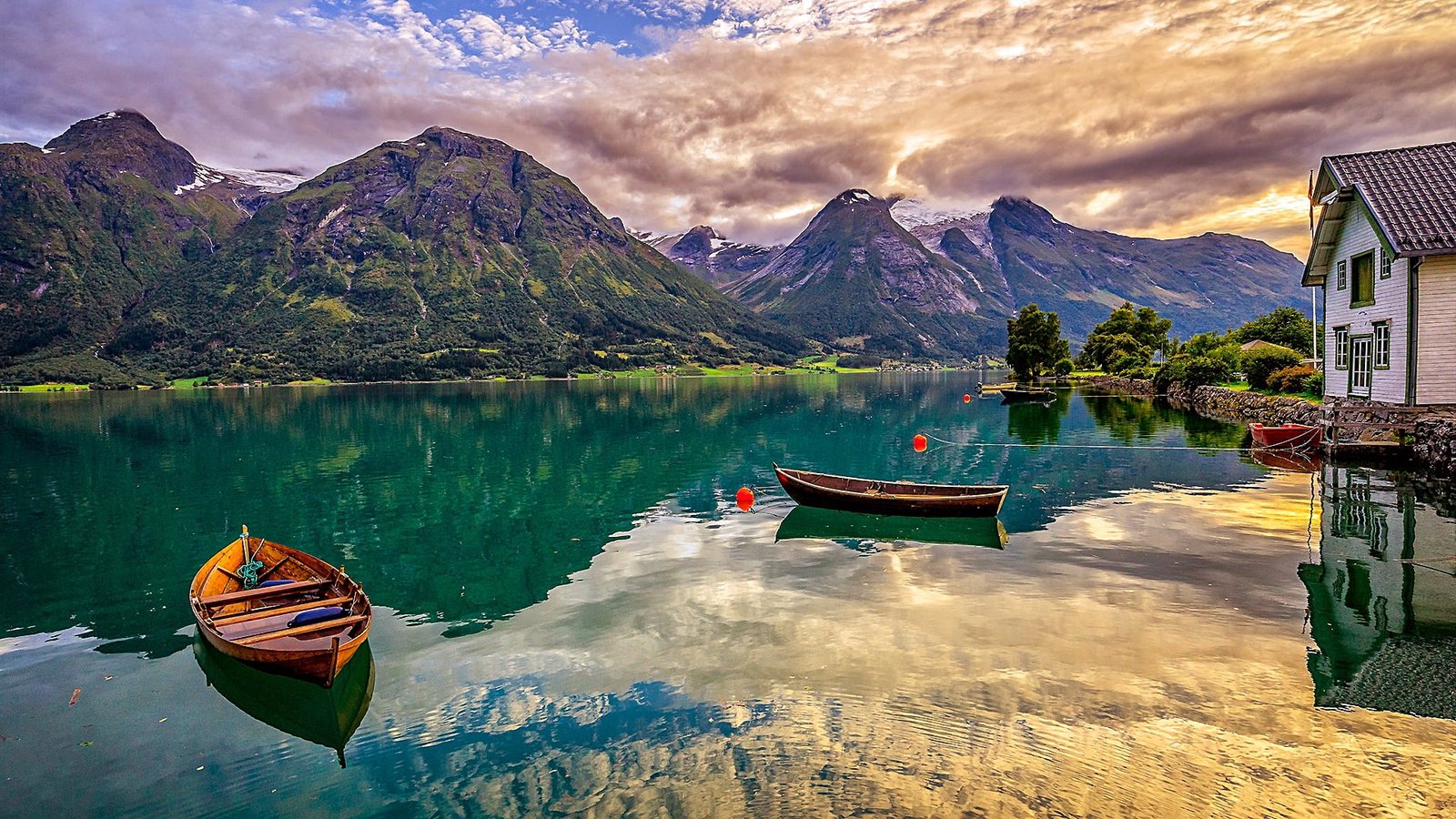 fjord lakeside boats house europe norway sogn og fjordane 2k