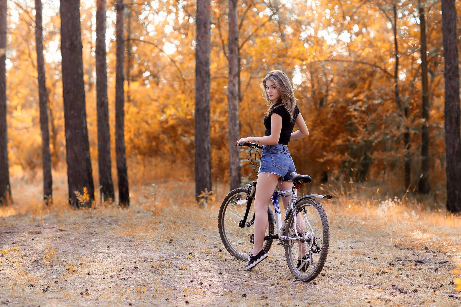 women s blue denim shorts bicycle trees forest jean 2k