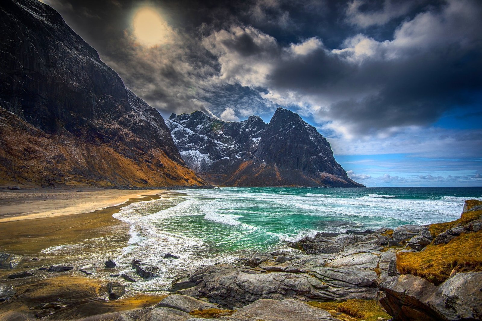 mountain and seashore painting beach mountains island Lofoten 2k