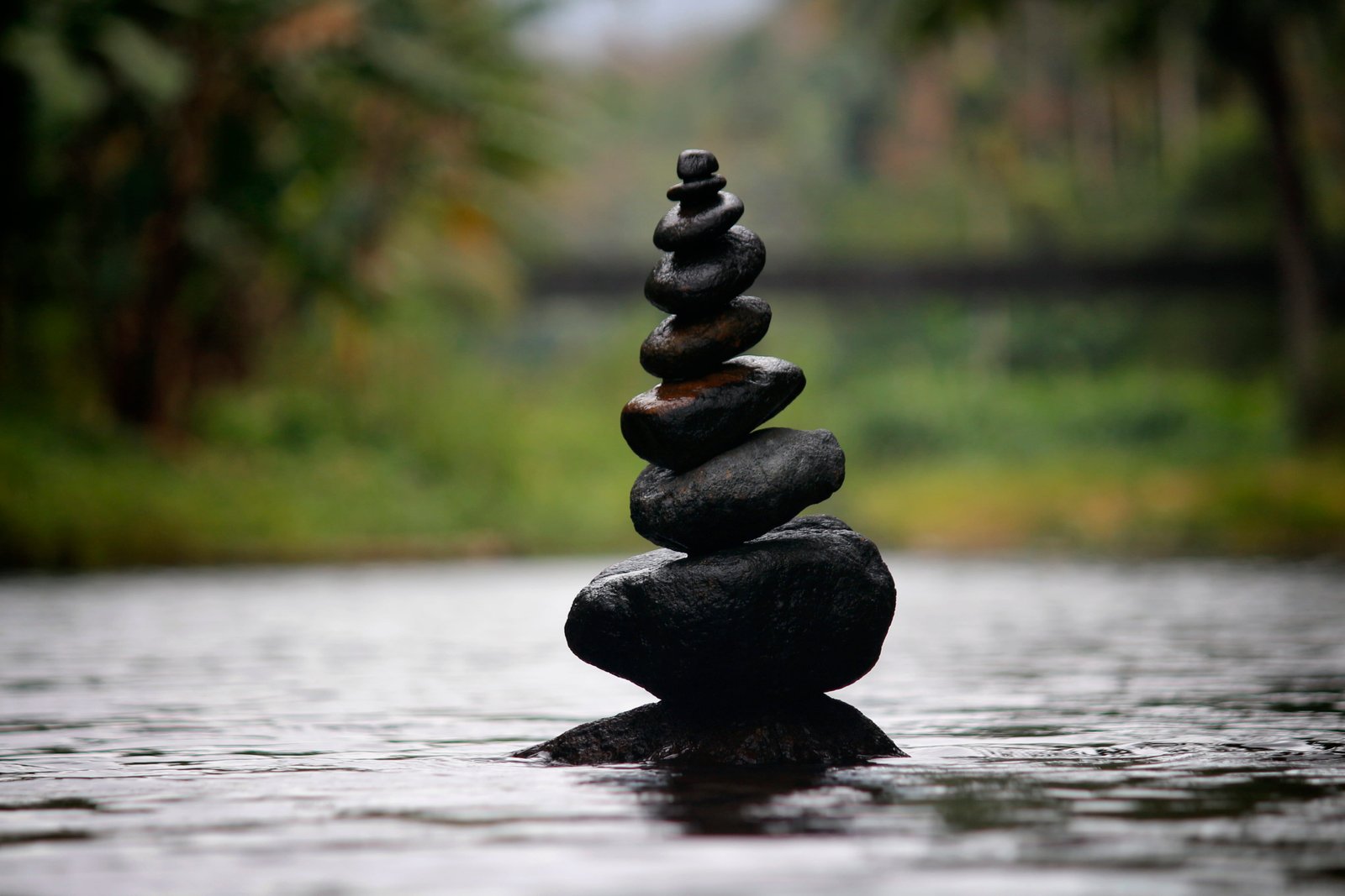 Black Stackable Stone Decor at the Body of Water balance blur 2k 4k 5k