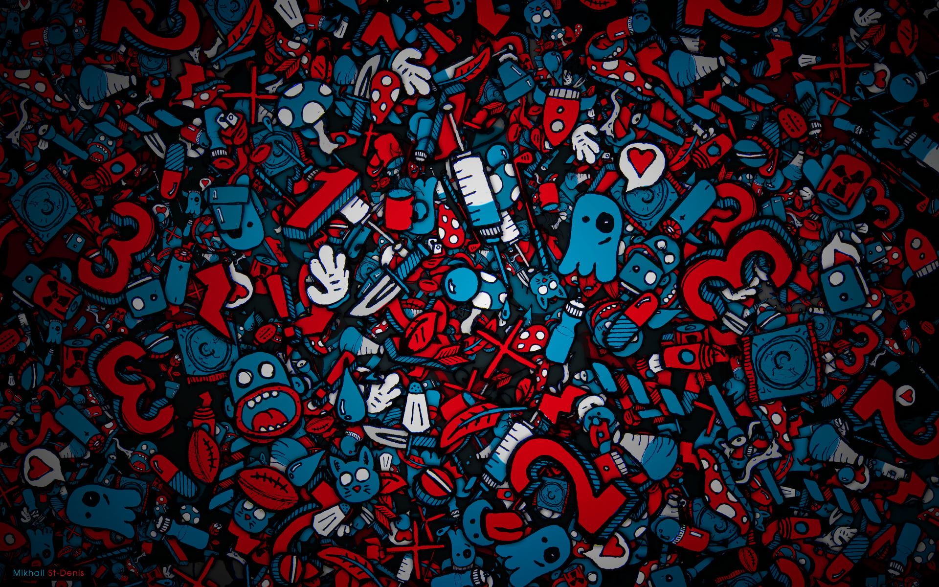 blue and red monsters illustration Faces Syringe Piling up 2k