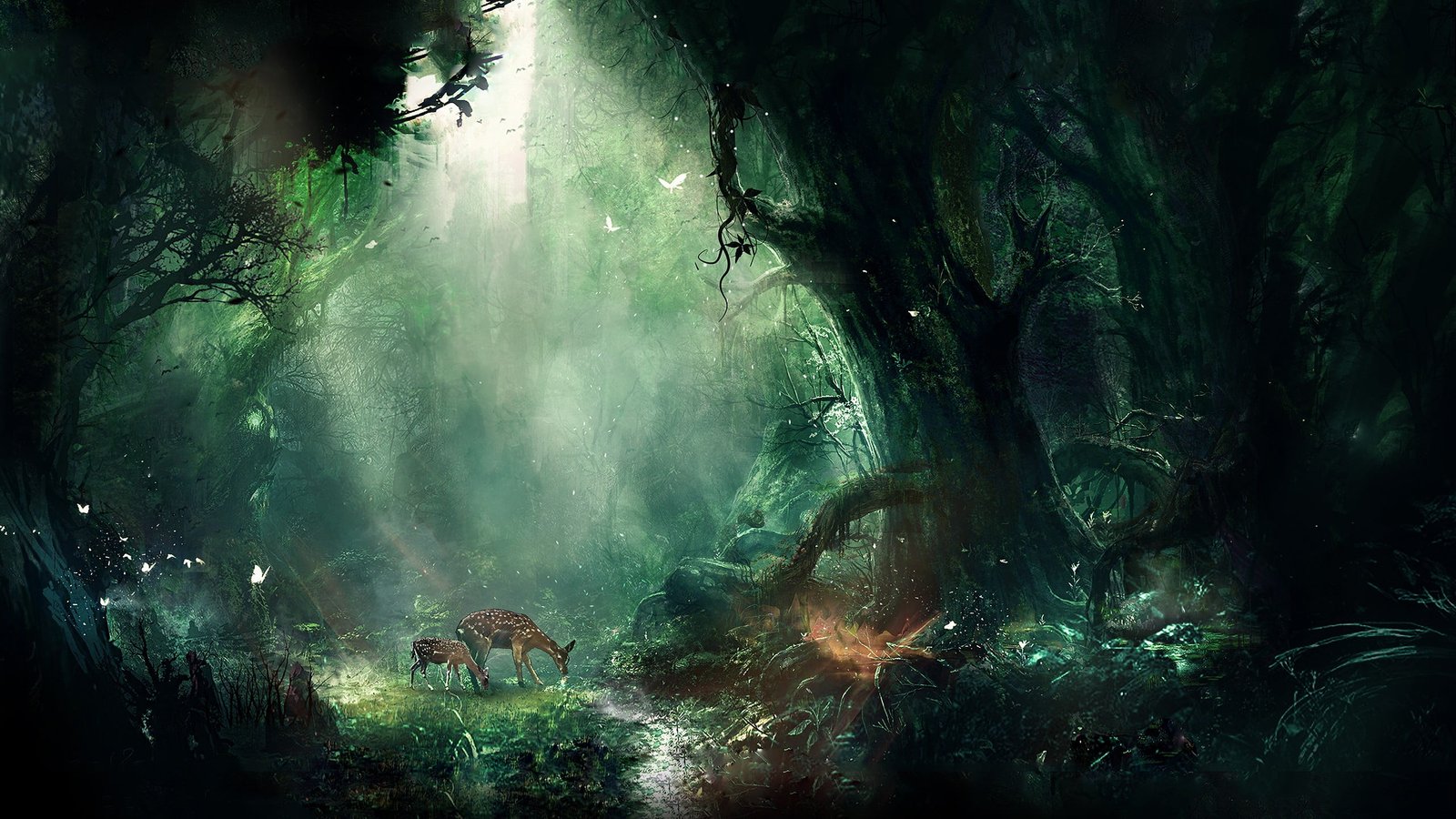 brown deer doe in the middle of forest painting artwork digital art 2k