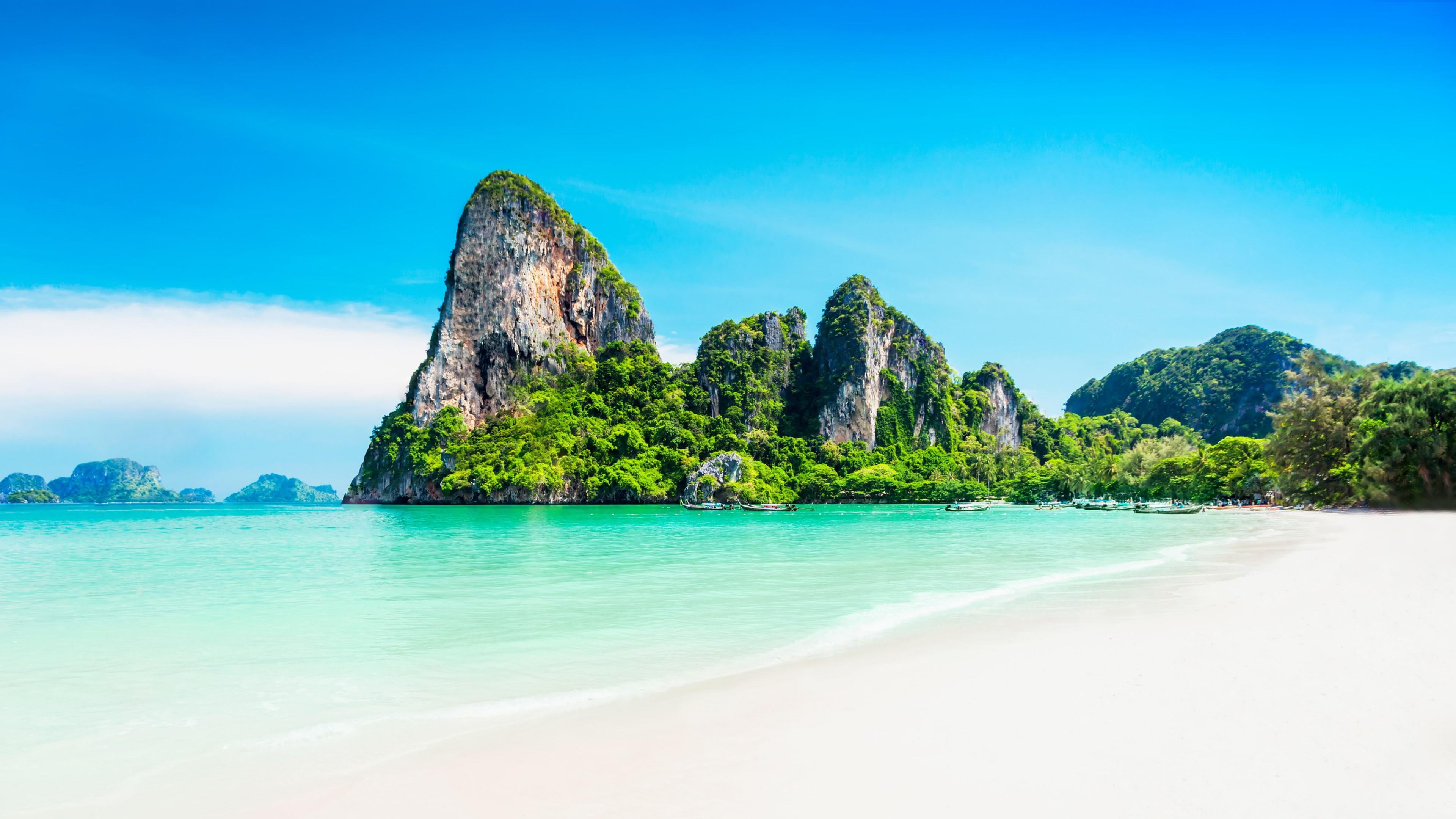 krabi thailand tropical beach white sand sandy blue sky 2k 4k