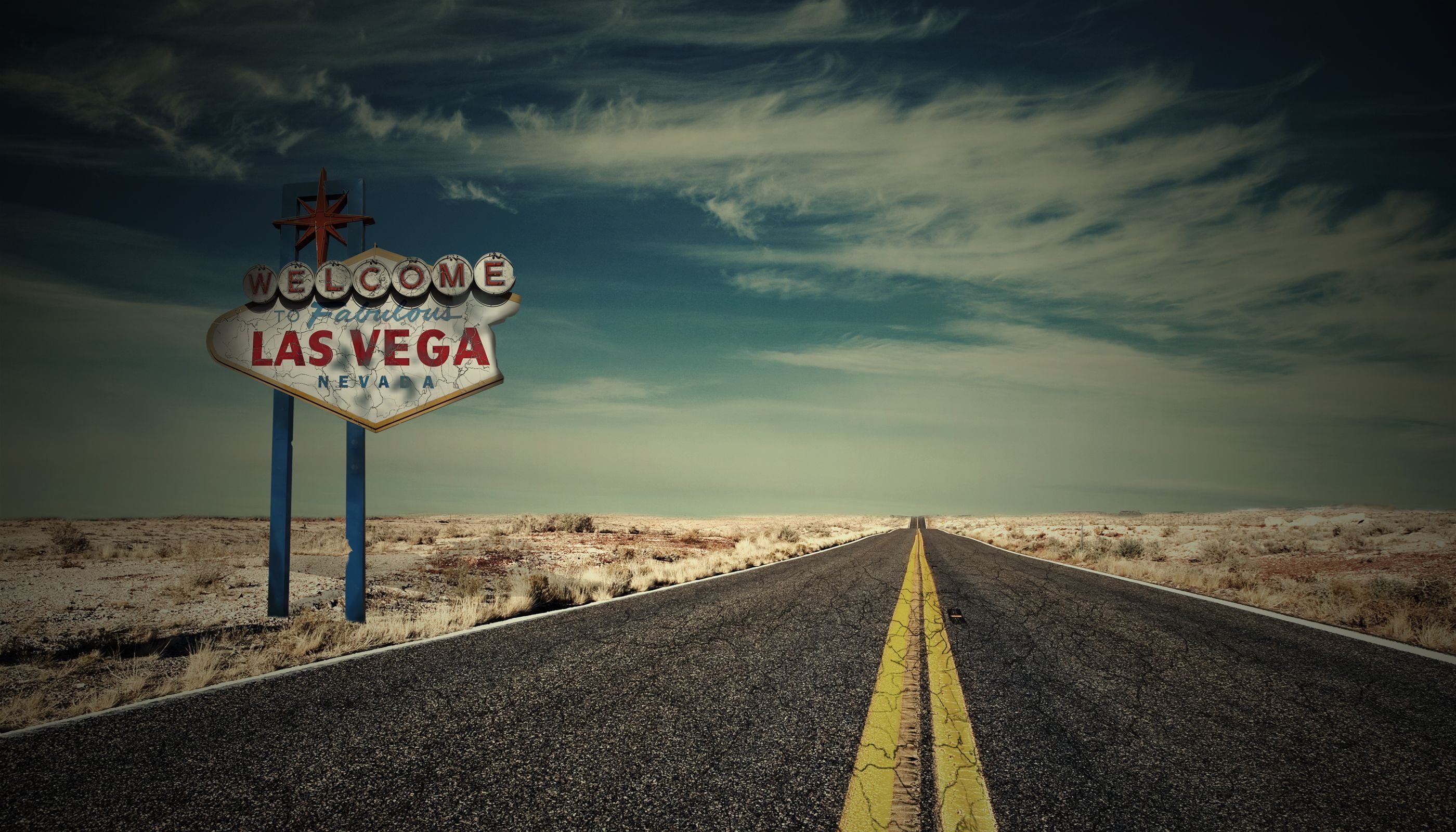 Welcome to Las Vegas signage road machine the sky clouds 2k