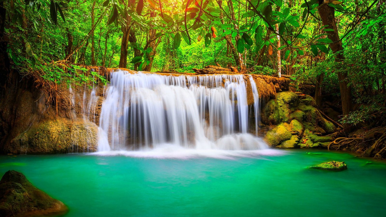 Wonderful Tropical Waterfall Blue Water Nature Forest With Green Trees Uhd Background For Android Mobile Phones Tablet 2k