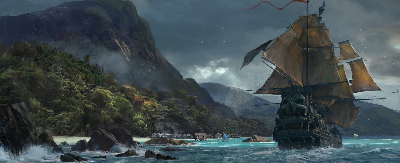 Skull and Bones game Concept Art sailboat near mountain digital wallpaper 2k 4k