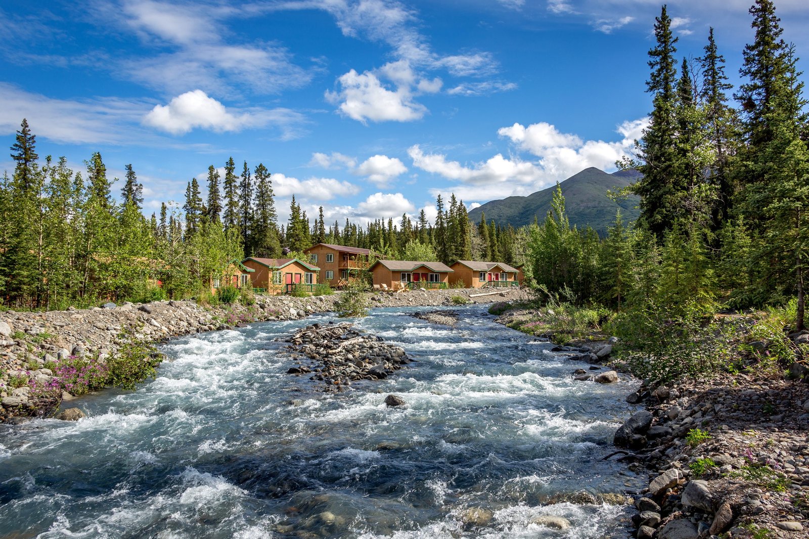 alaska borough denali houses nature rivers scenery sky 2k