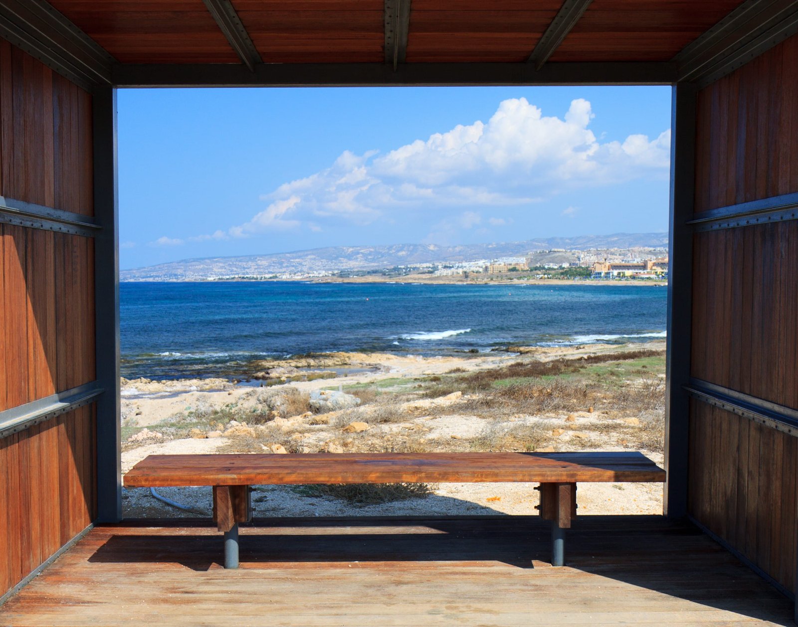 brown wooden bench in the beach blue border frame horizon 2k
