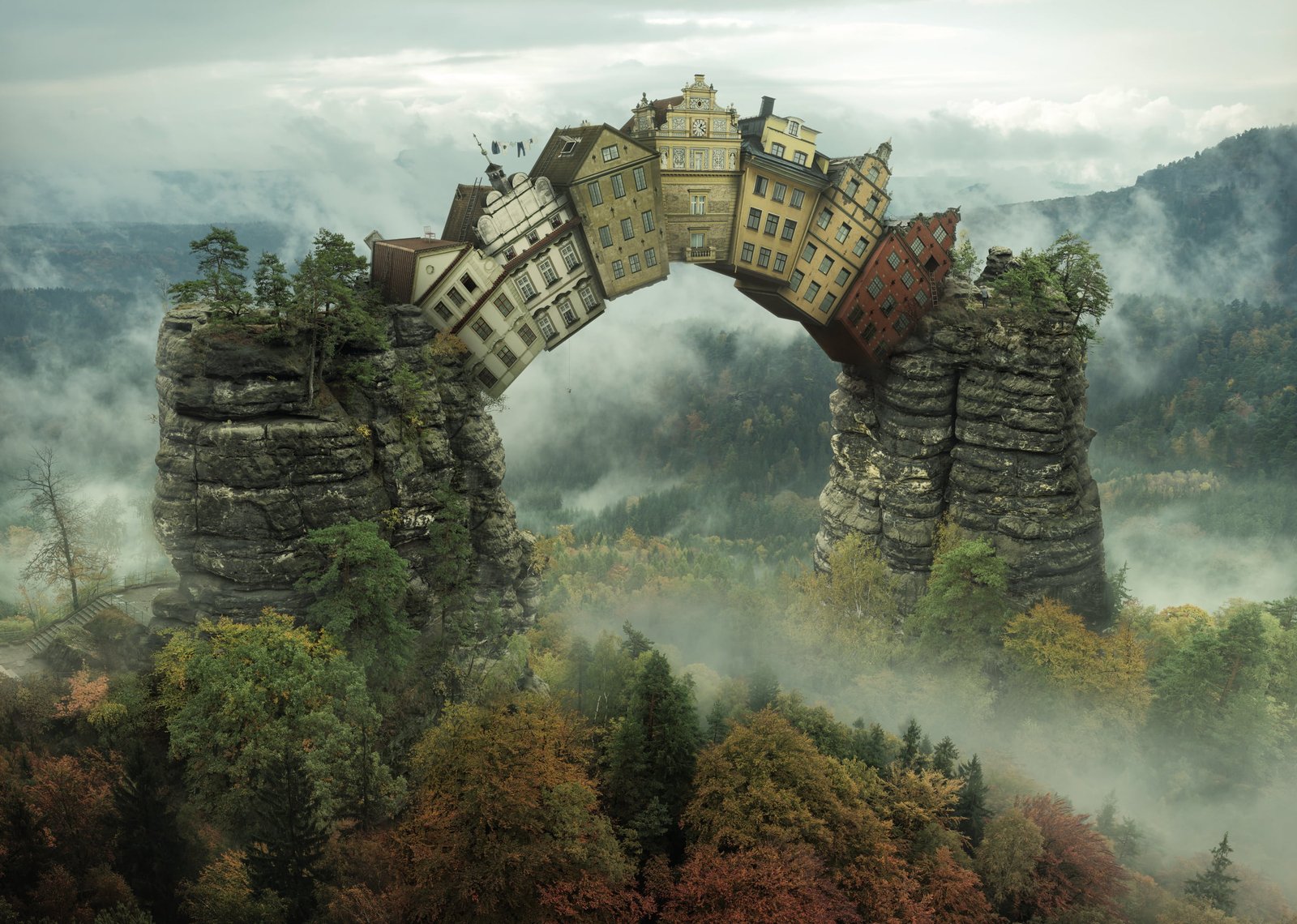 concrete houses ark illustration nature landscape photo manipulation 2k