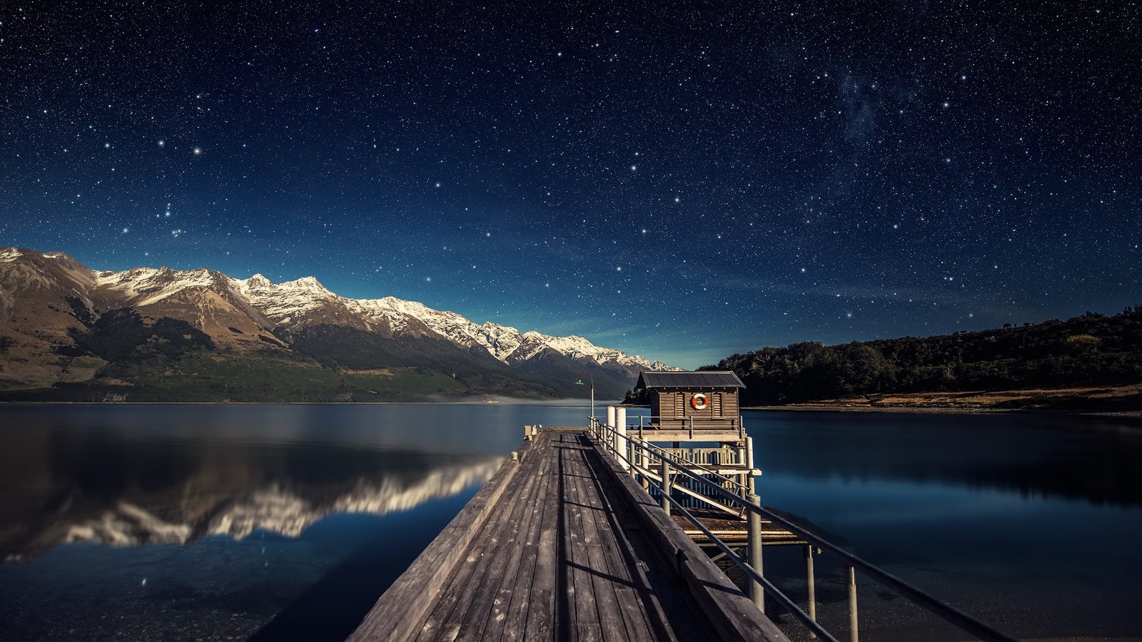 Nature Pier Lake Mountain Calm Stars Night 2k