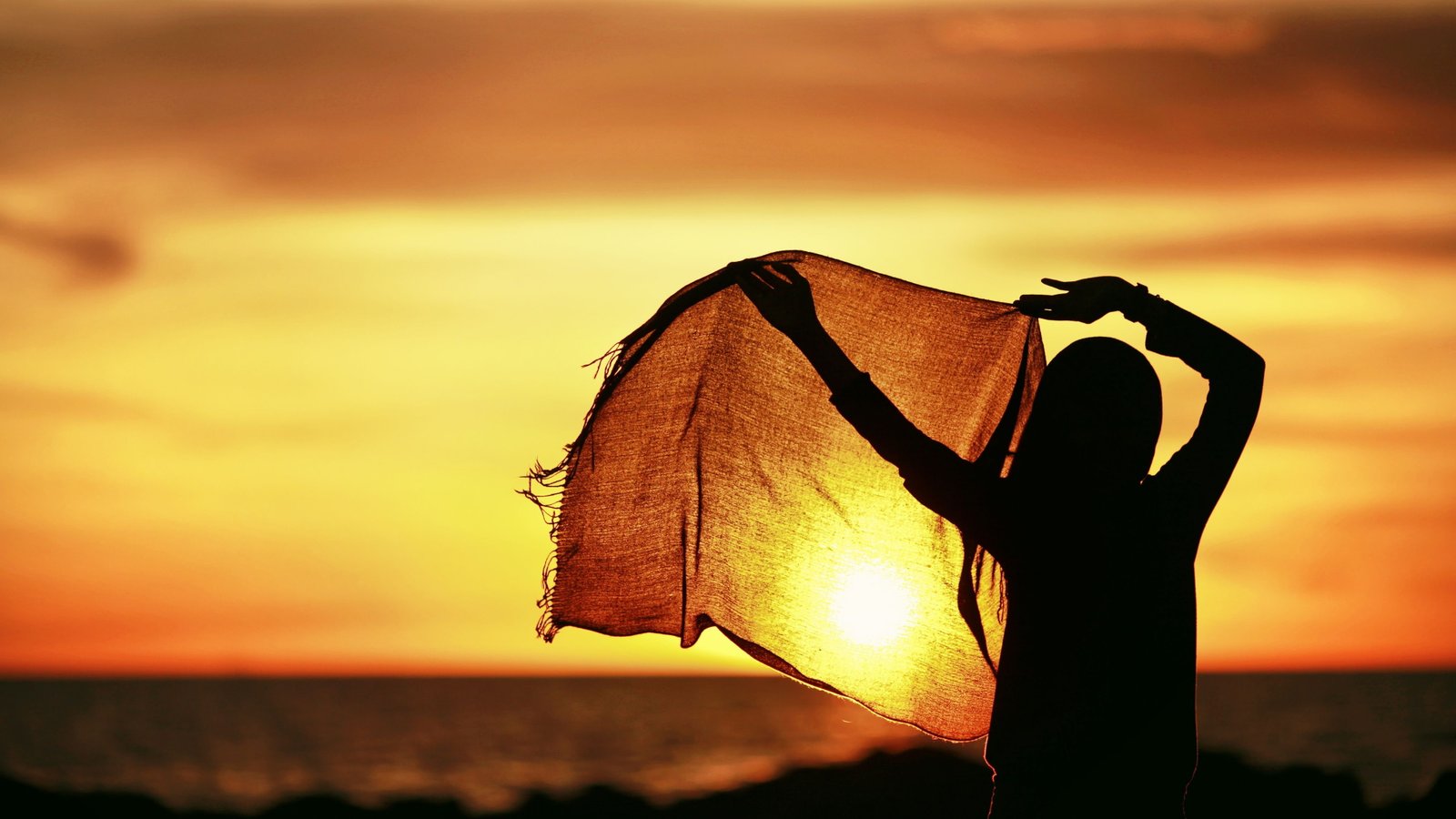 orange scarf the sky girl sun sunset background movement 2k 4k