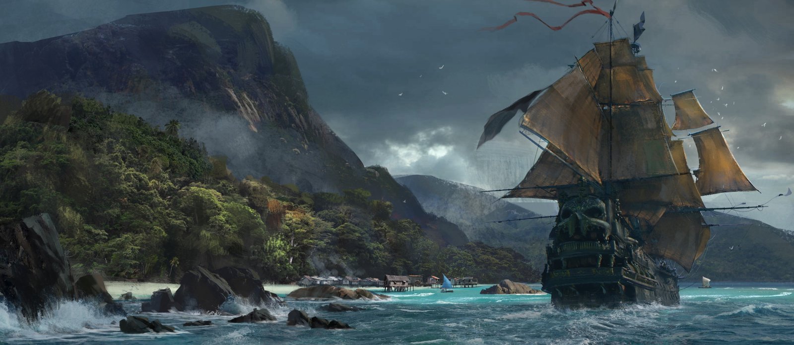 sake game sea pirate island ship wave vegetation 2k 4k