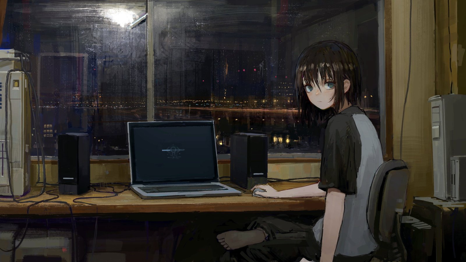 black haired female anime character animated sitting on chair 2k 4k