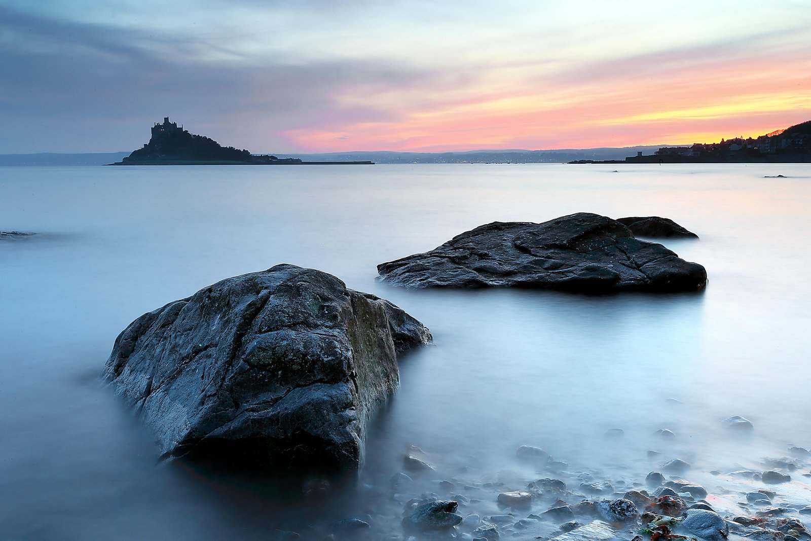 two brown rock fragment on bodies of water Evening Stillness 2k 4k