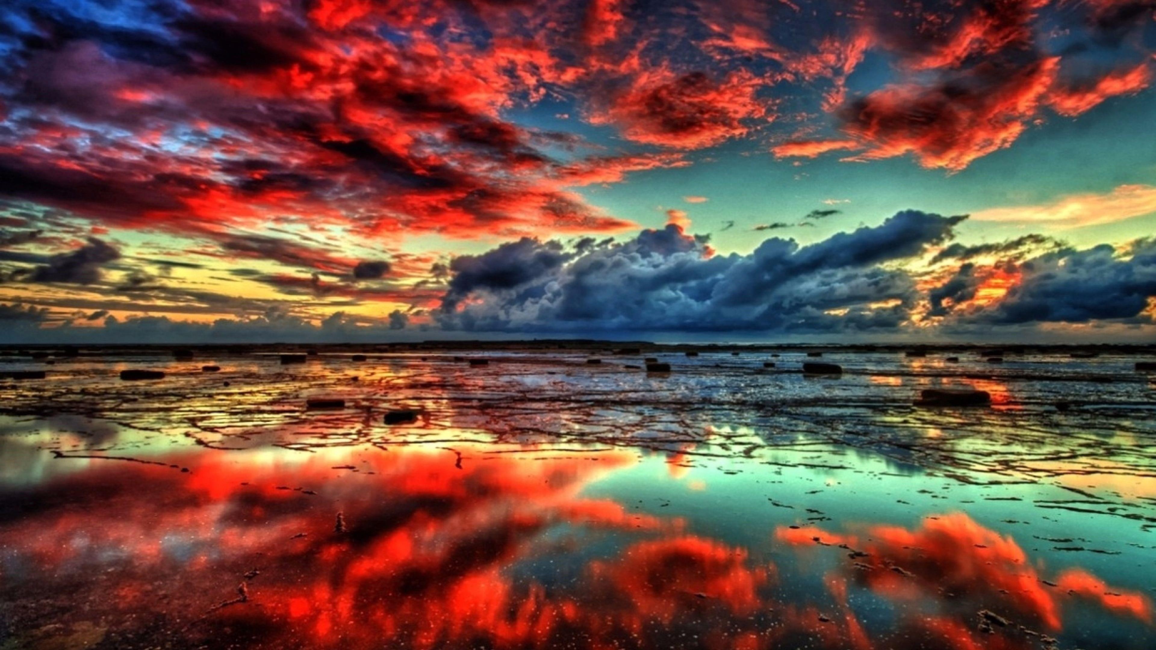 lake red sky clouds nature waterscape reflection 2k 4k