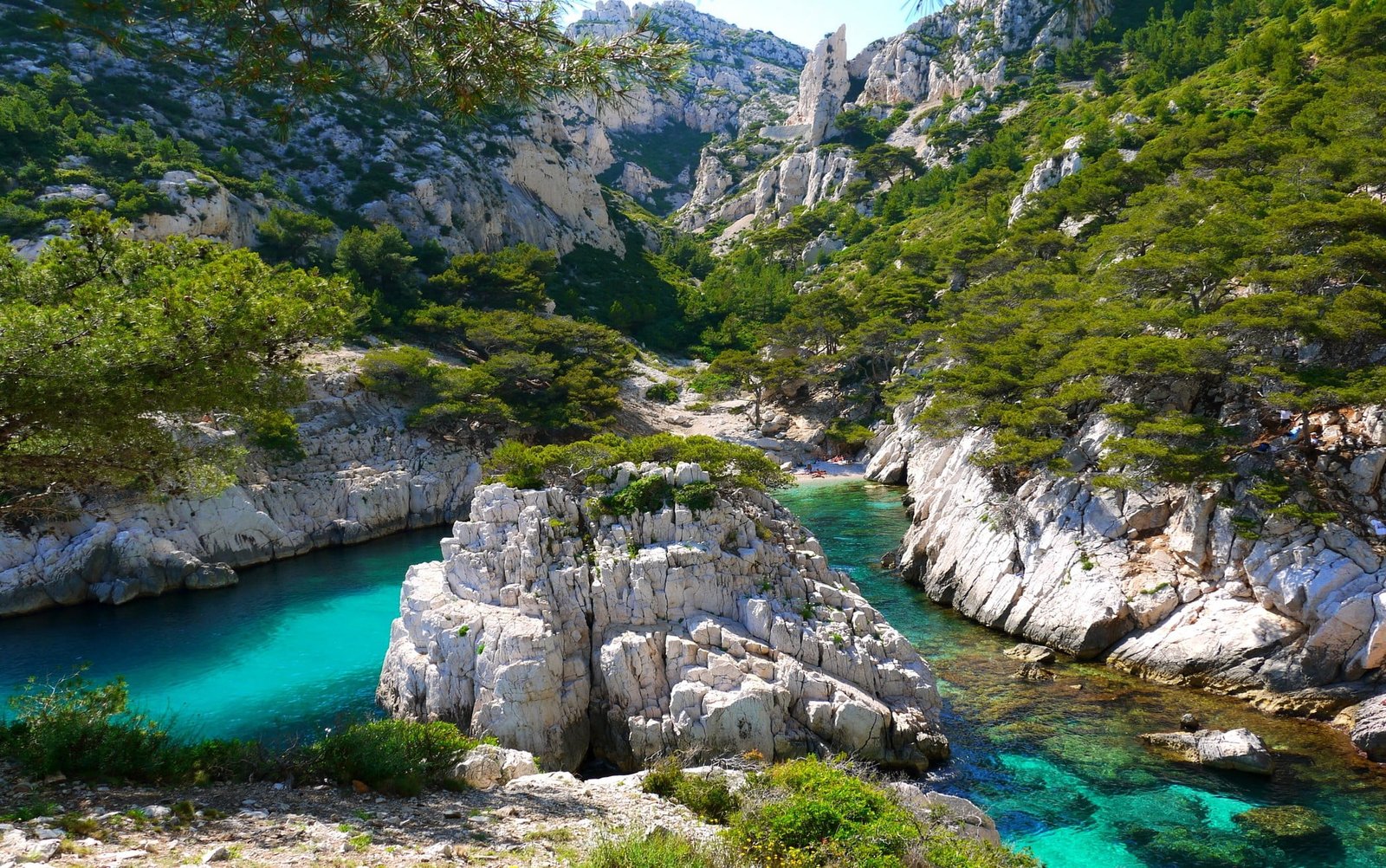 landscape nature coves beach trees mountains turquoise 2k