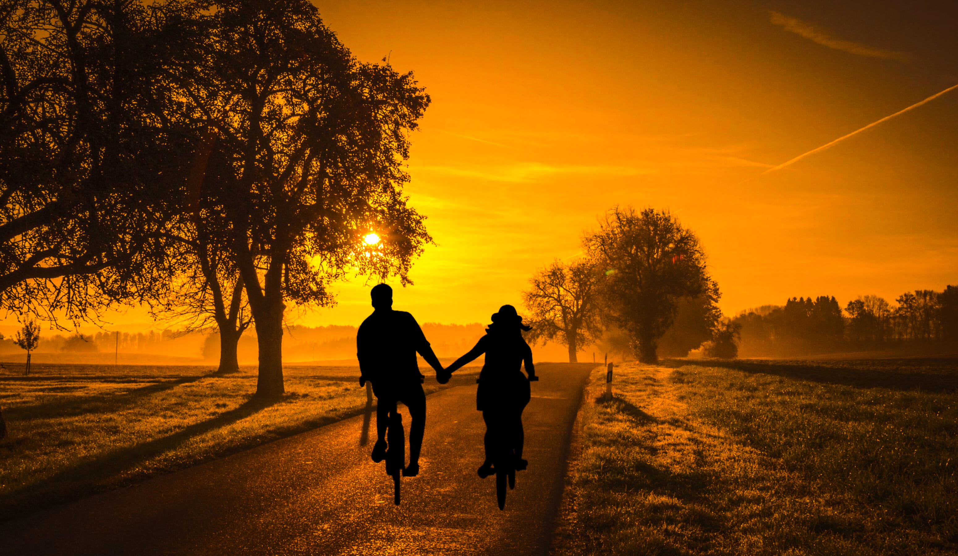 Photo illustration of couple on a bicycle in evening country landscape 2k