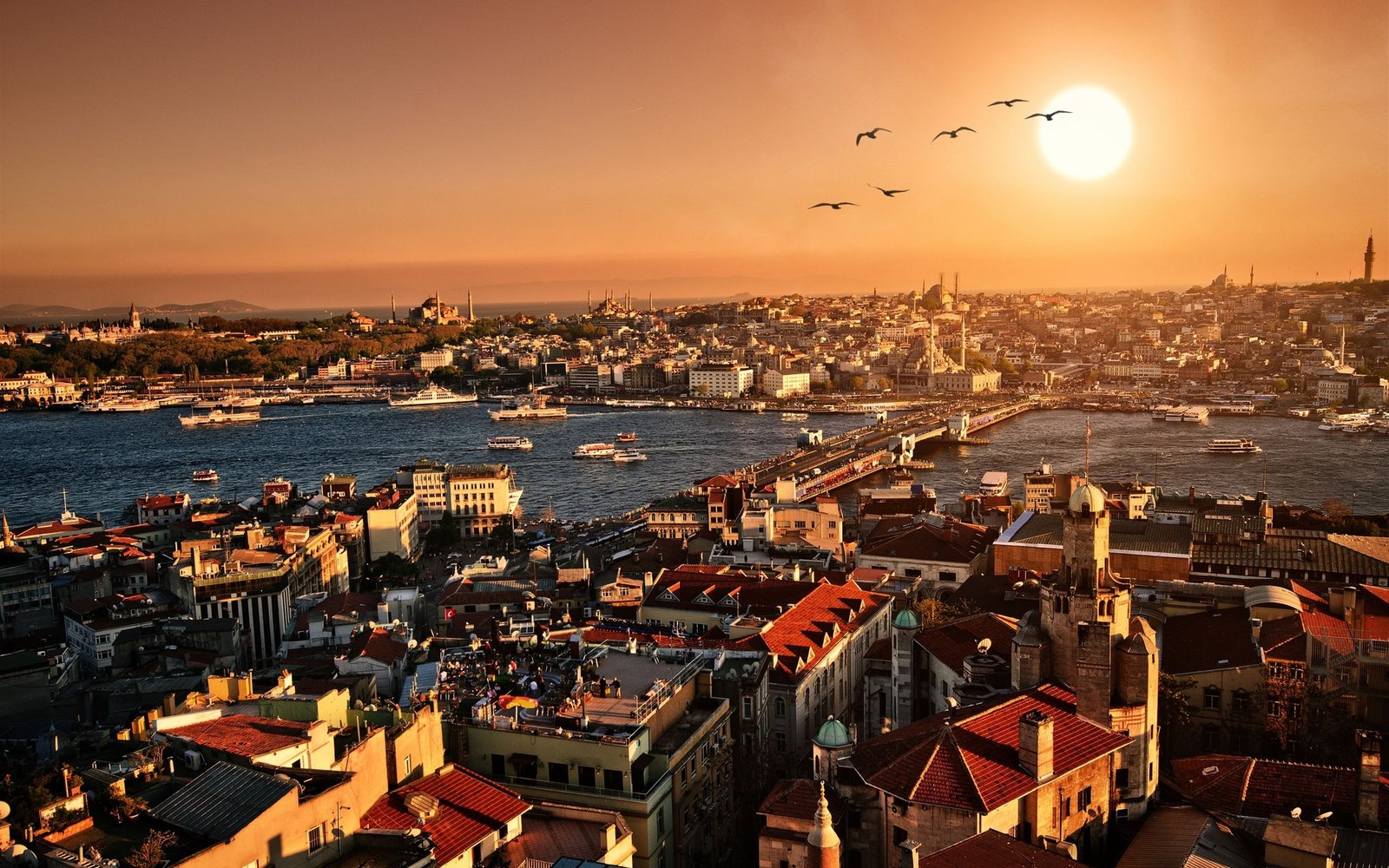 Turkey Istanbul beautiful city scenery sunset buildings houses river and 2k
