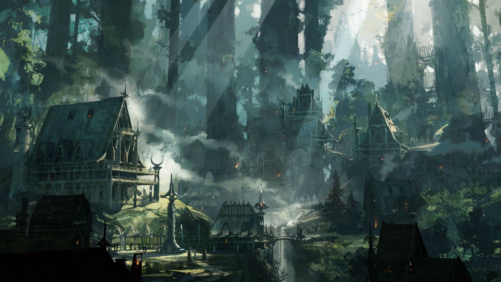 village inside forest painting fantasy art cabin villages 2k 4k