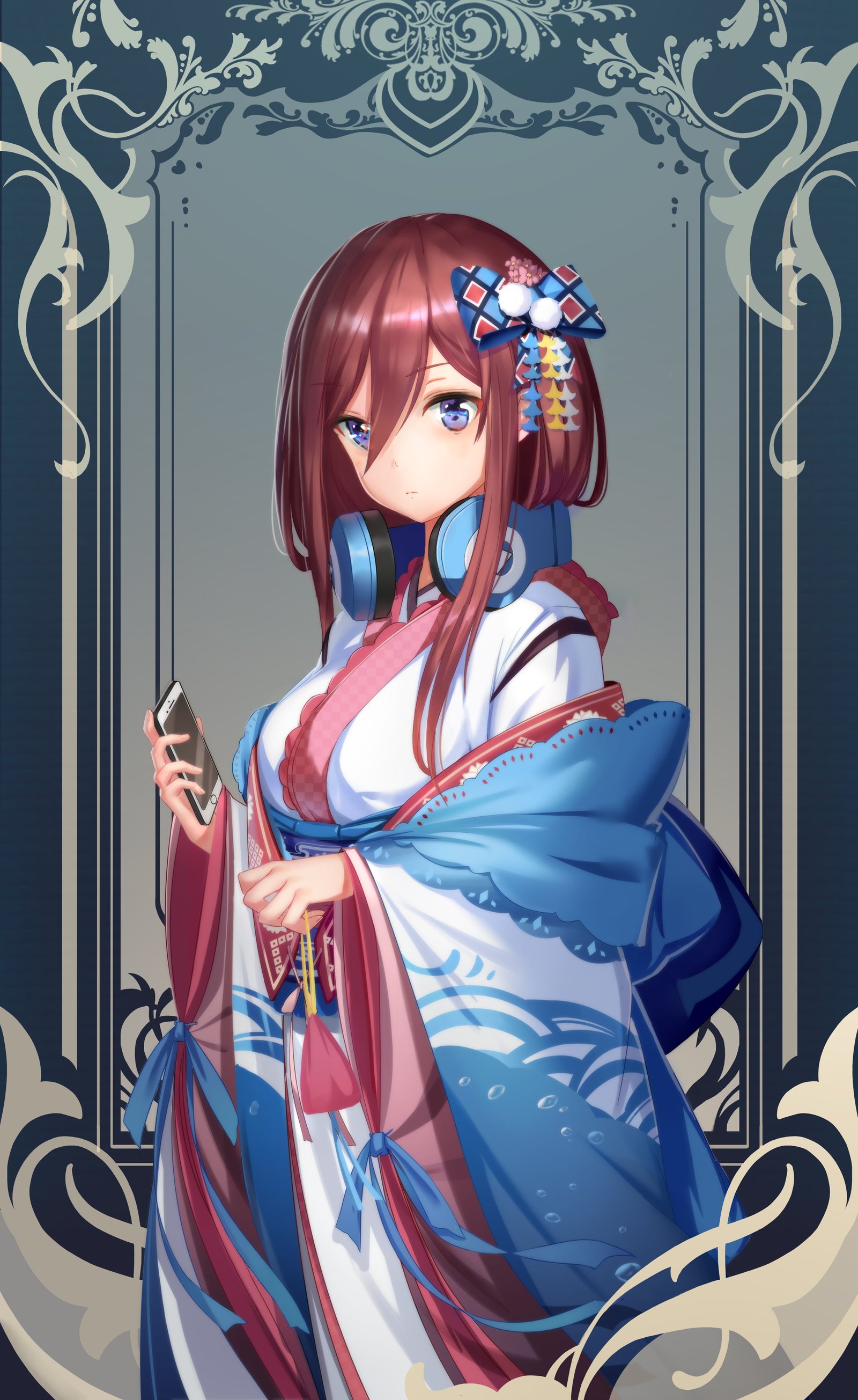 anime girls Nakano Miku headphones kimono blue eyes 2k