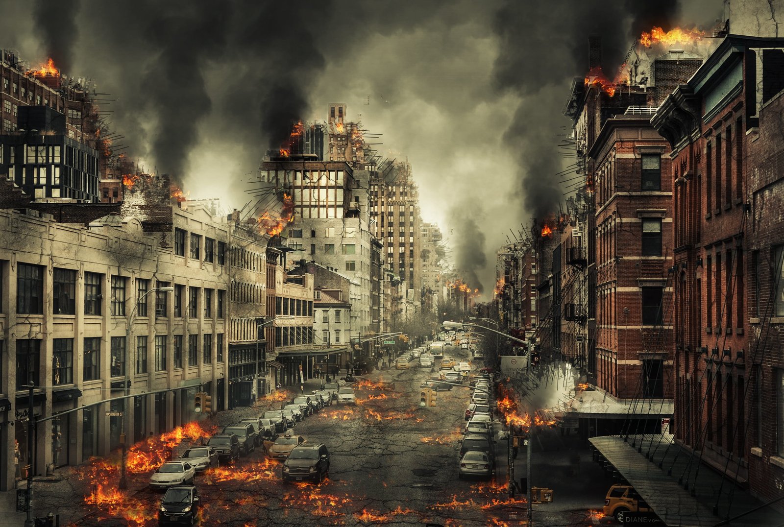 burning city with dark smoke illustration disaster end of the world 2k