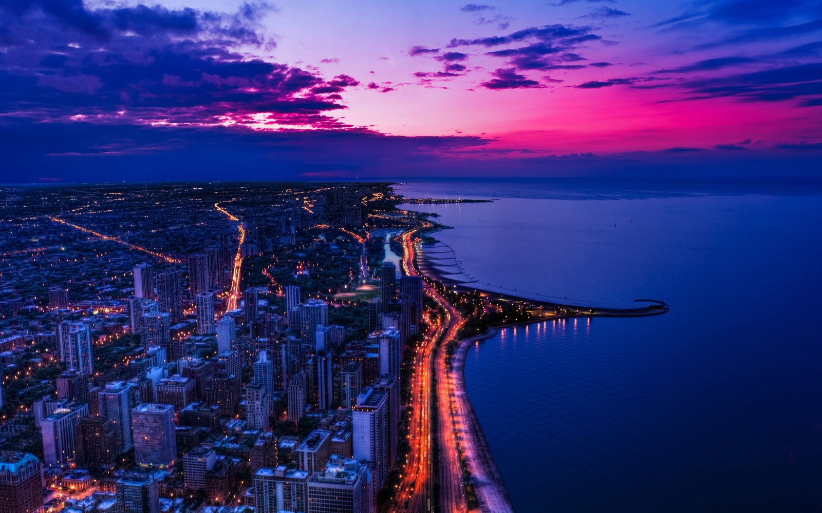chicago city night sky view scape ocean beach architecture 2k 4k