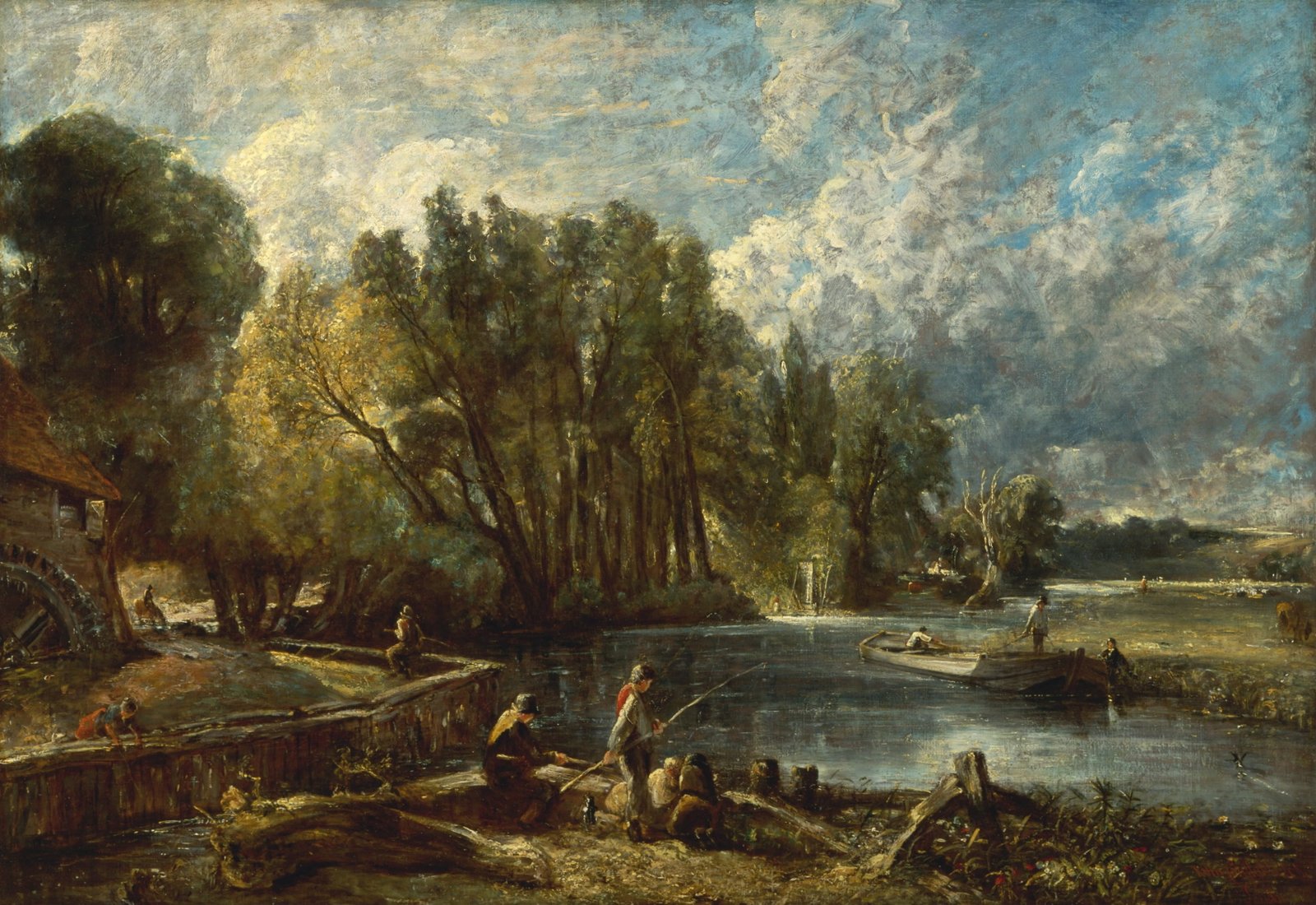 group of people fishing and surrounded by trees painting John Constable 2k 4k