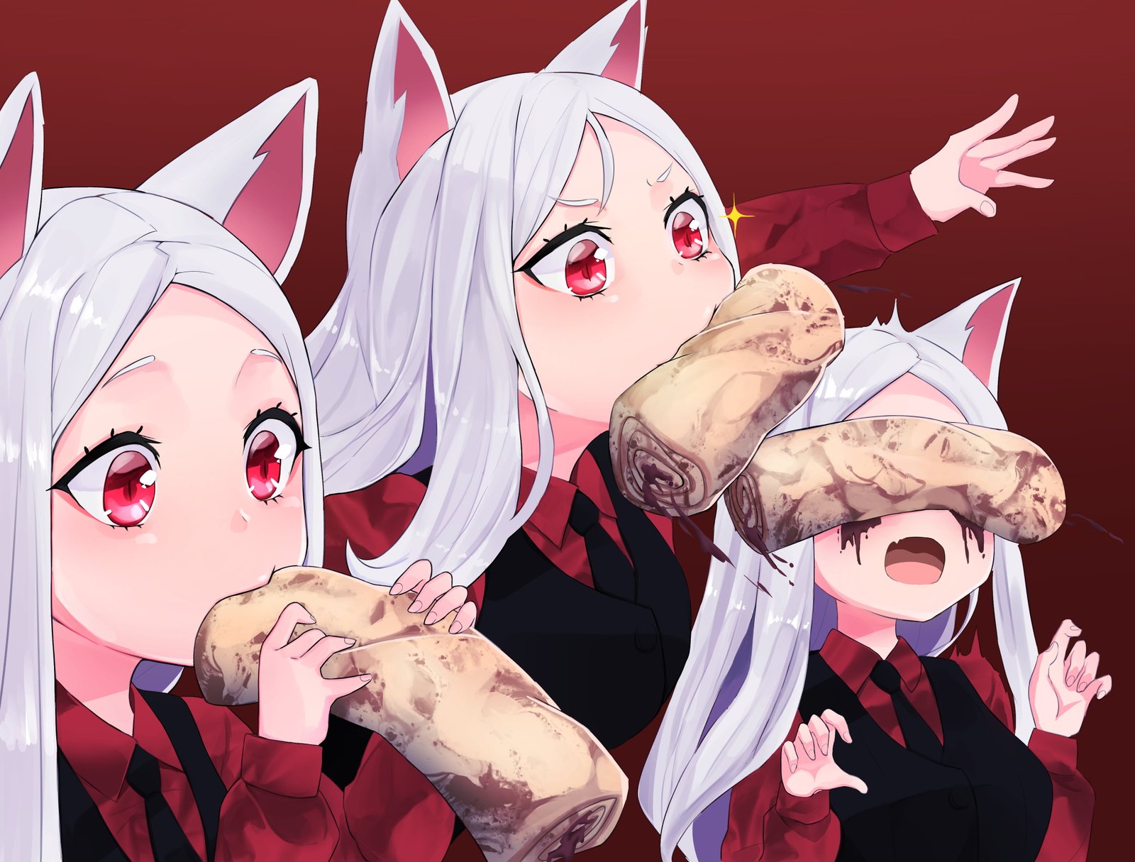 Helltaker Cerberus white hair animal ears red eyes 2k 4k