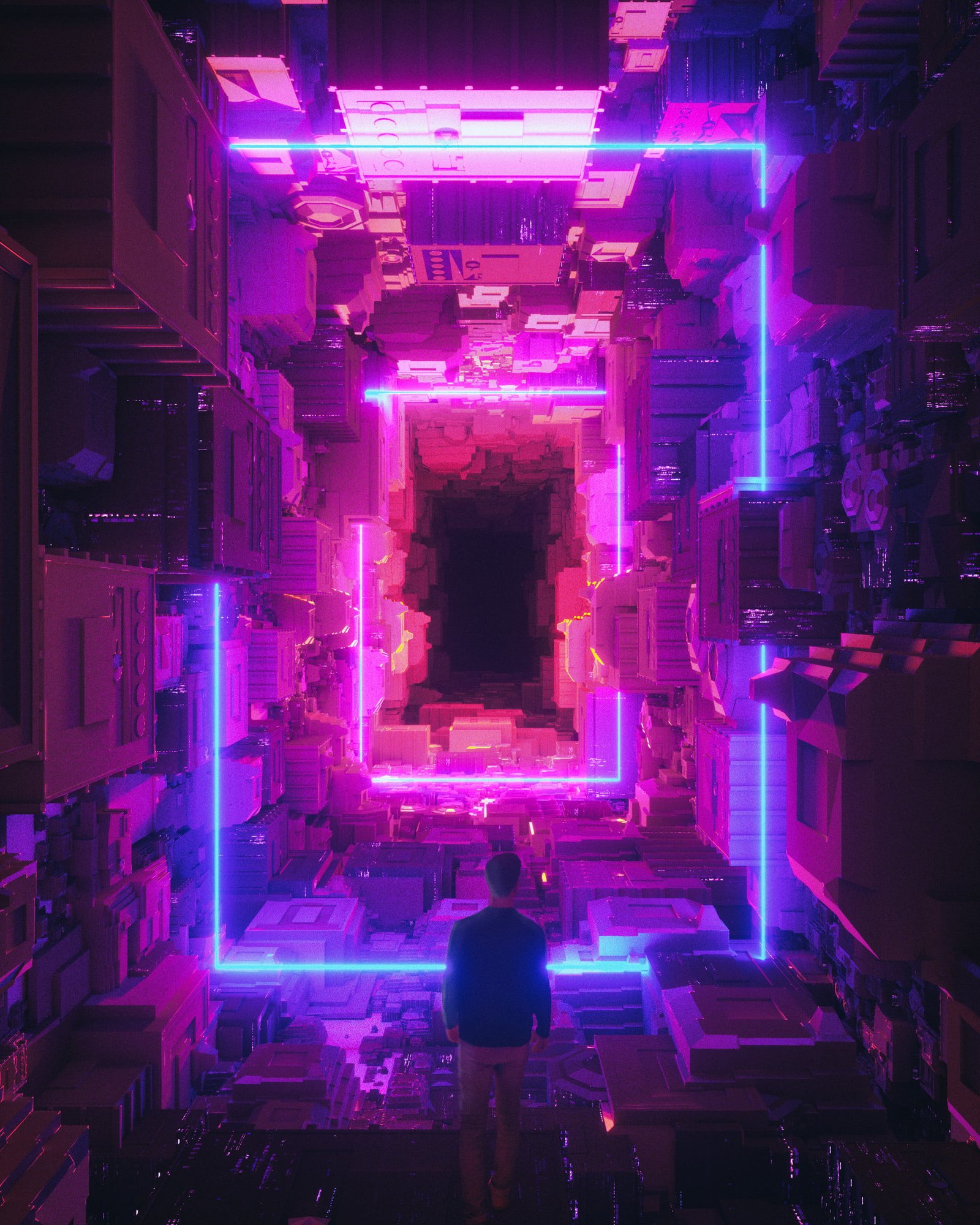 man standing inside the building person infront of lights 2k