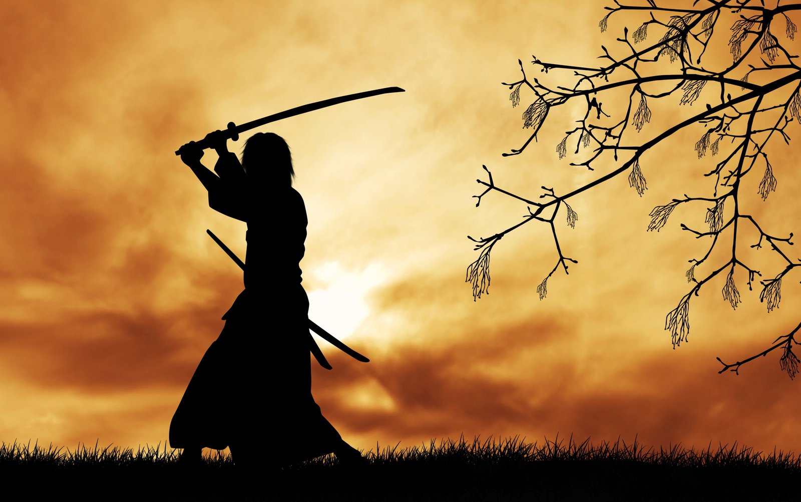 silhouette of samurai digital wallpaper Japanese clothes katana 2k 4k 5k
