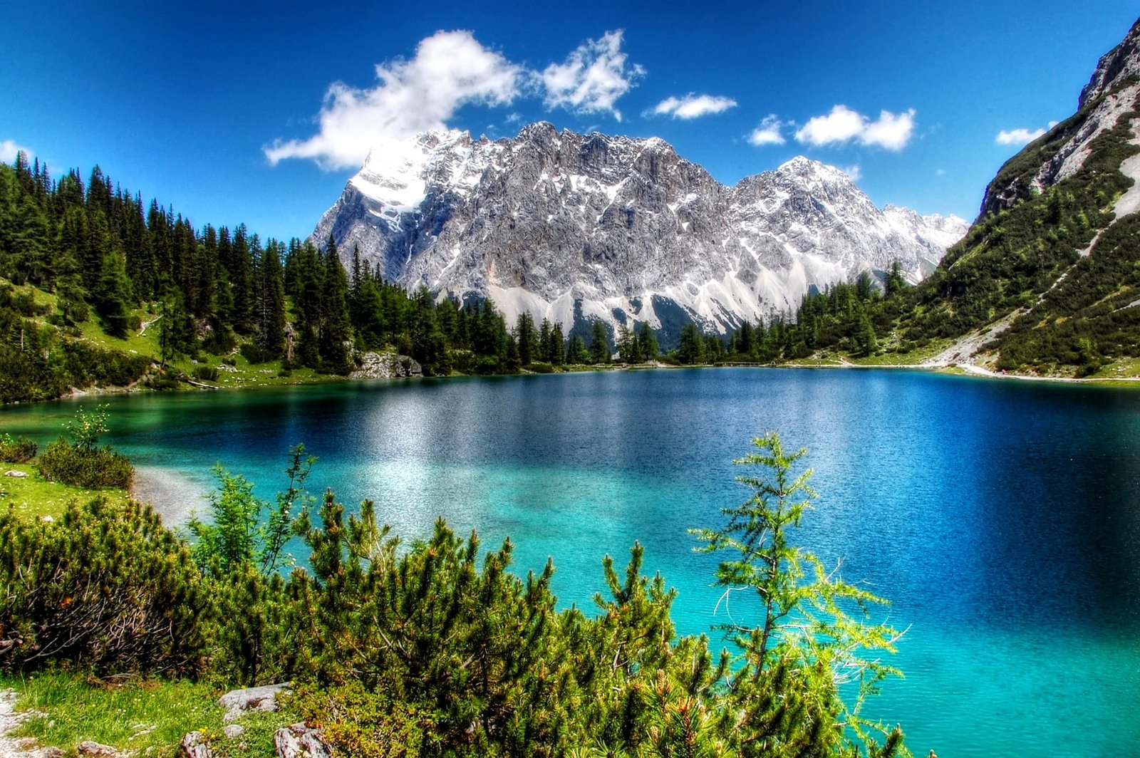 snowy mountain near the lake range photography seebensee 2k