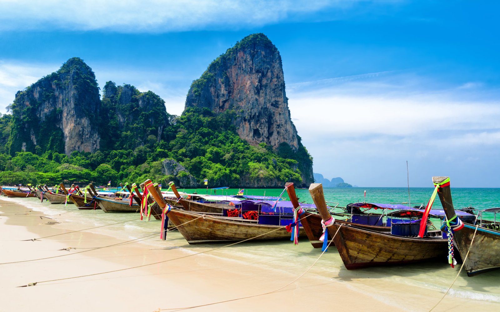 Tropical Landscape Krabi Beach Thailand Ocean Turquoise Water Boats Coast Rocks Blue Sky Desktop Hd Wallpaper 2k 4k