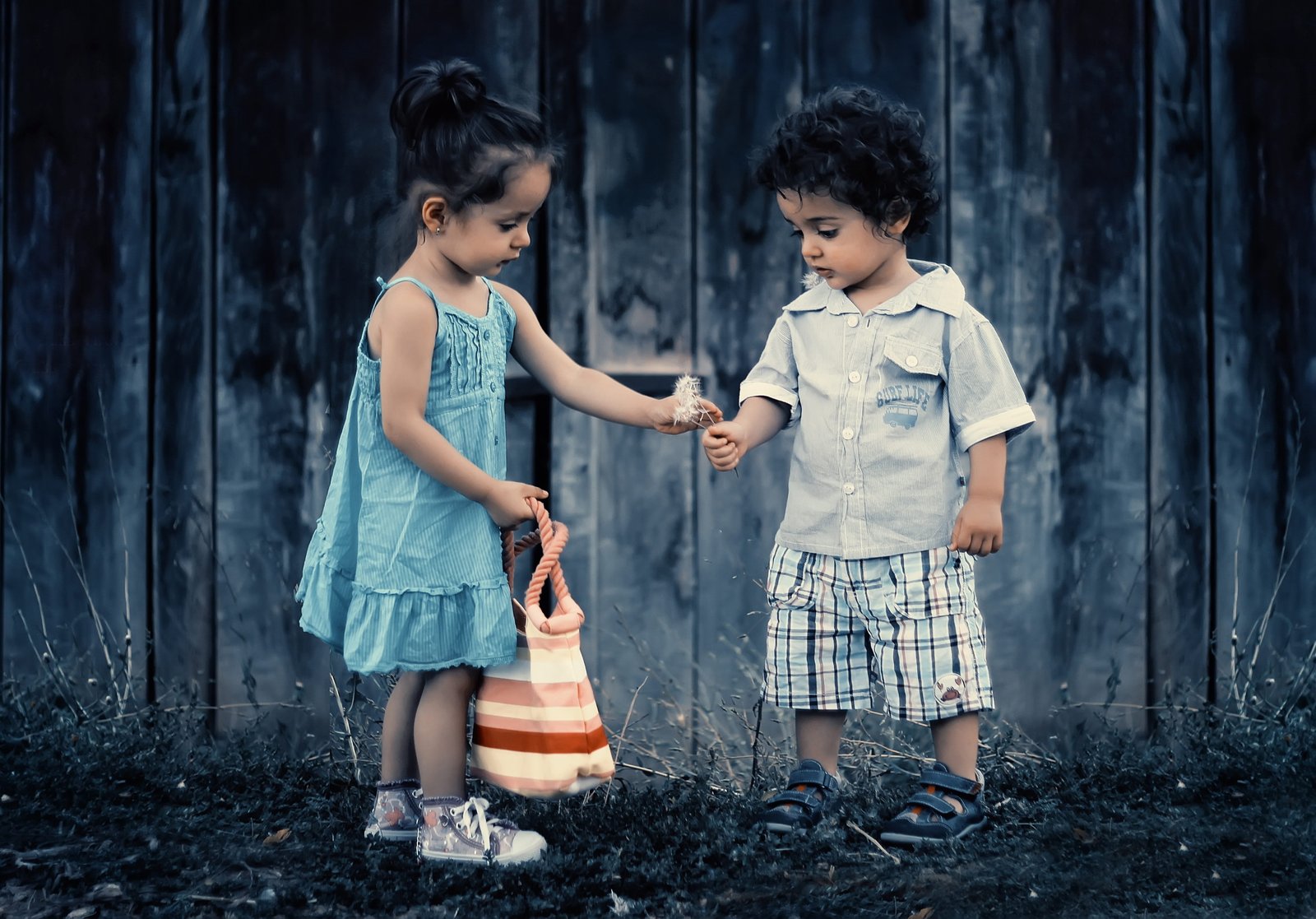 Boy and Girl Standing Near Wooden Wall baby children cute 2k 4k 5k
