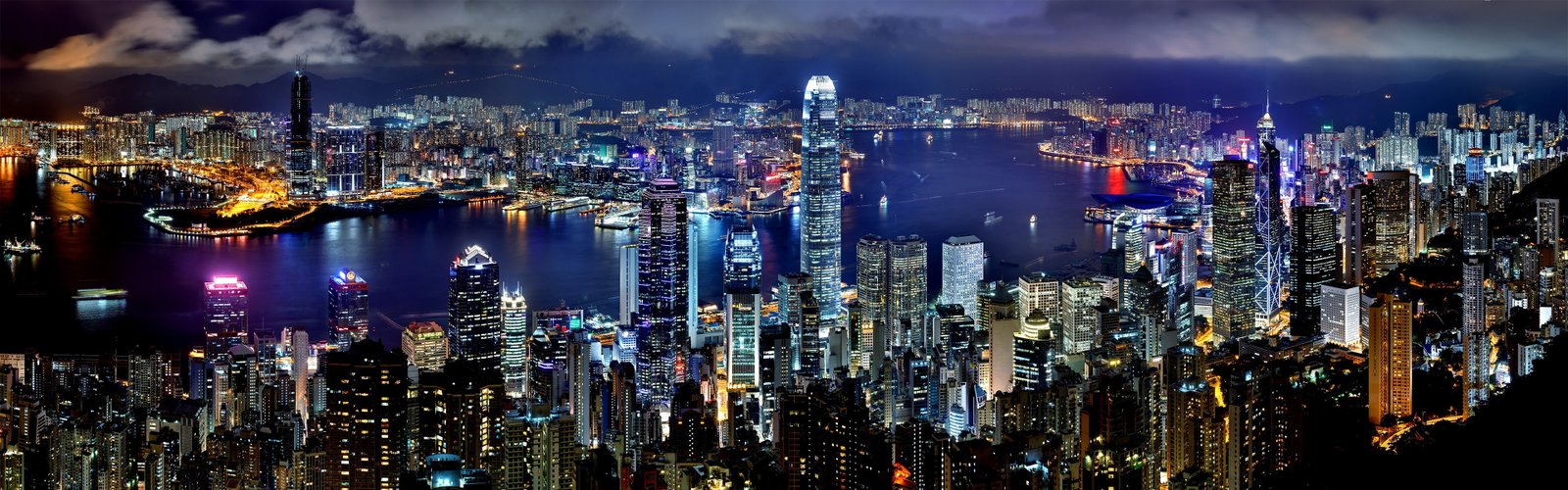 city establishments Hong Kong night harbor skyscraper building 2k 4k