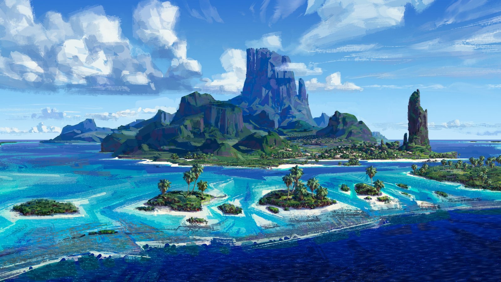 islet on body of water cinema waves wallpaper Disney sky 2k 4k