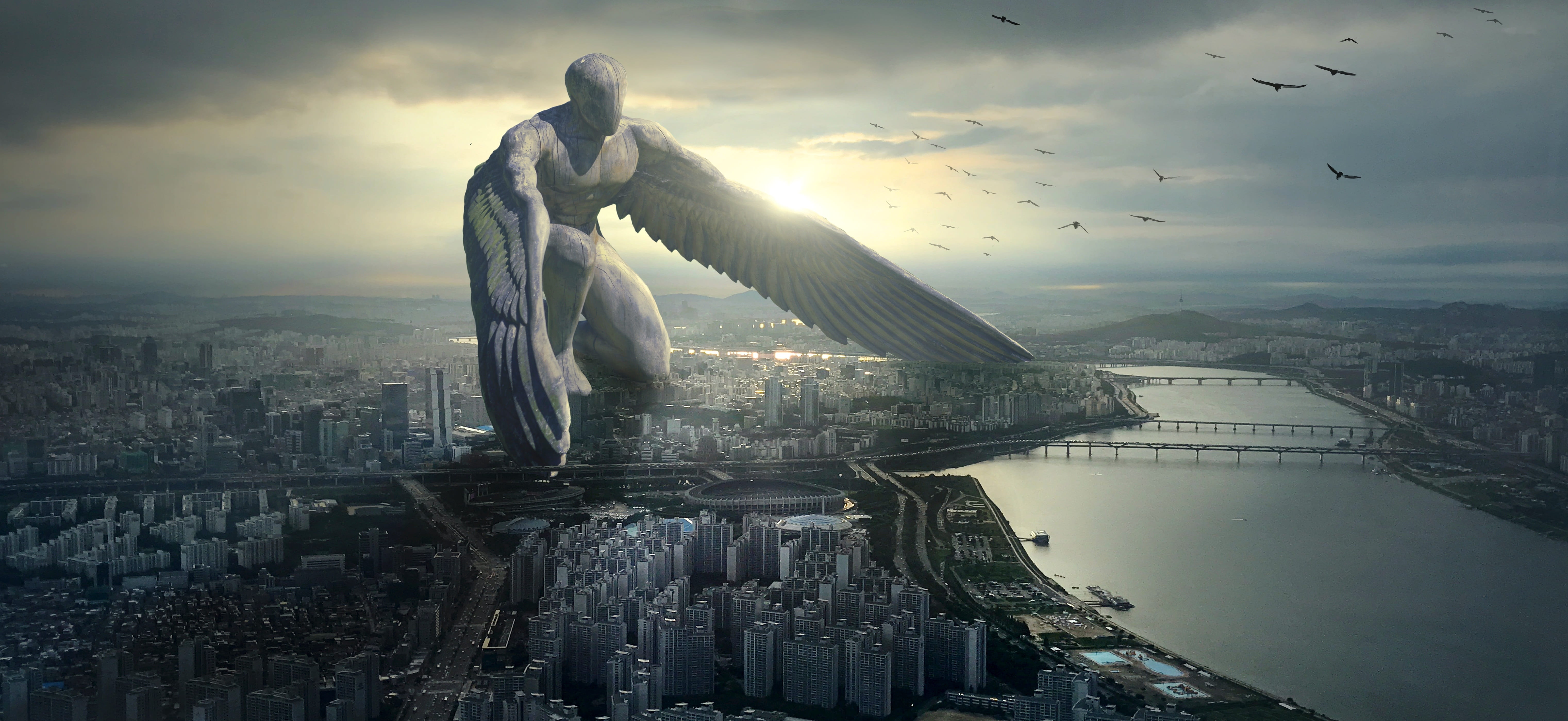 man with wings illustration fantasy city angel giant mystical 2k 4k 5k