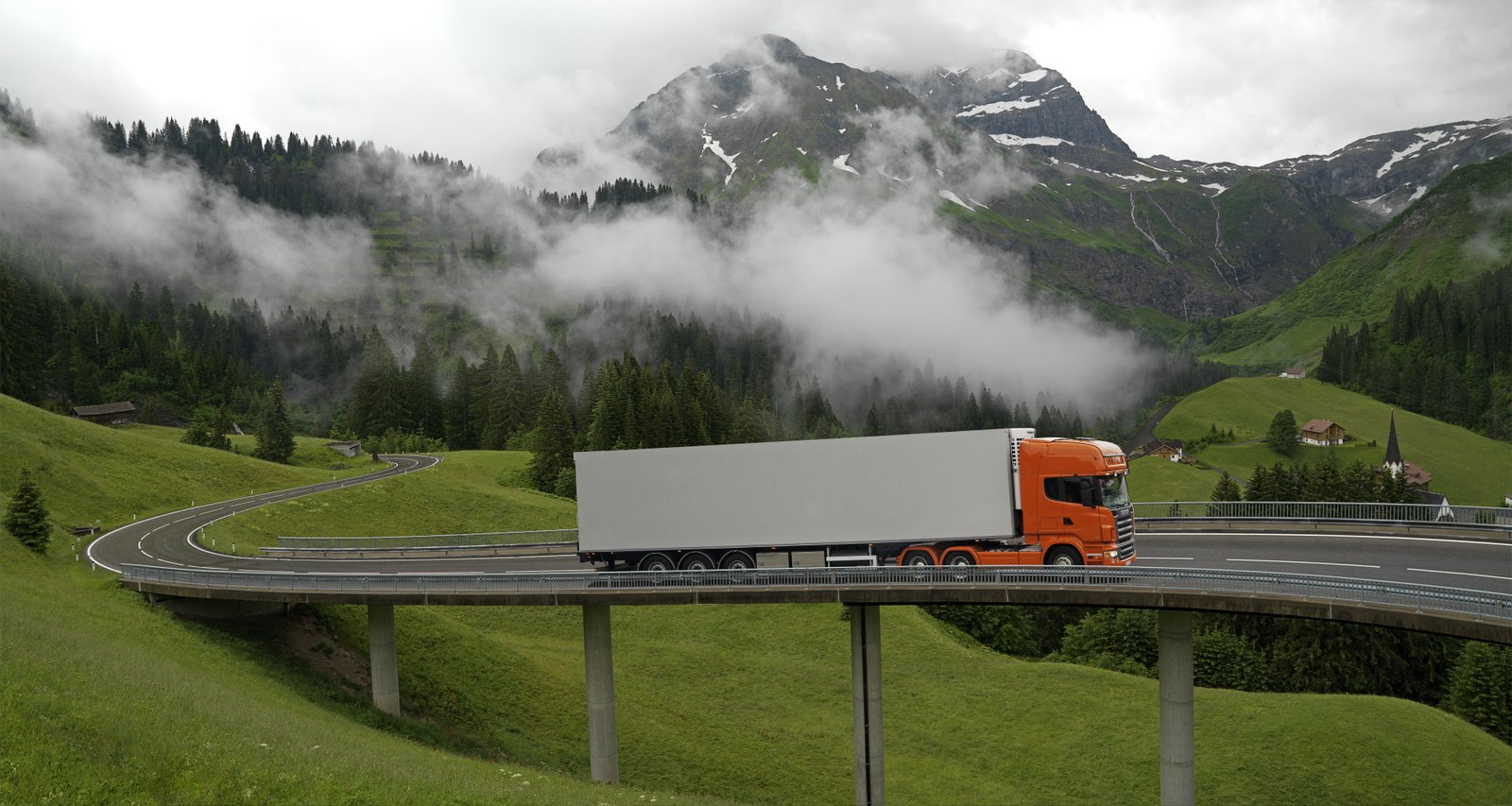 orange and white freight truck Nature Clouds Mountains Bridge 2k 4k