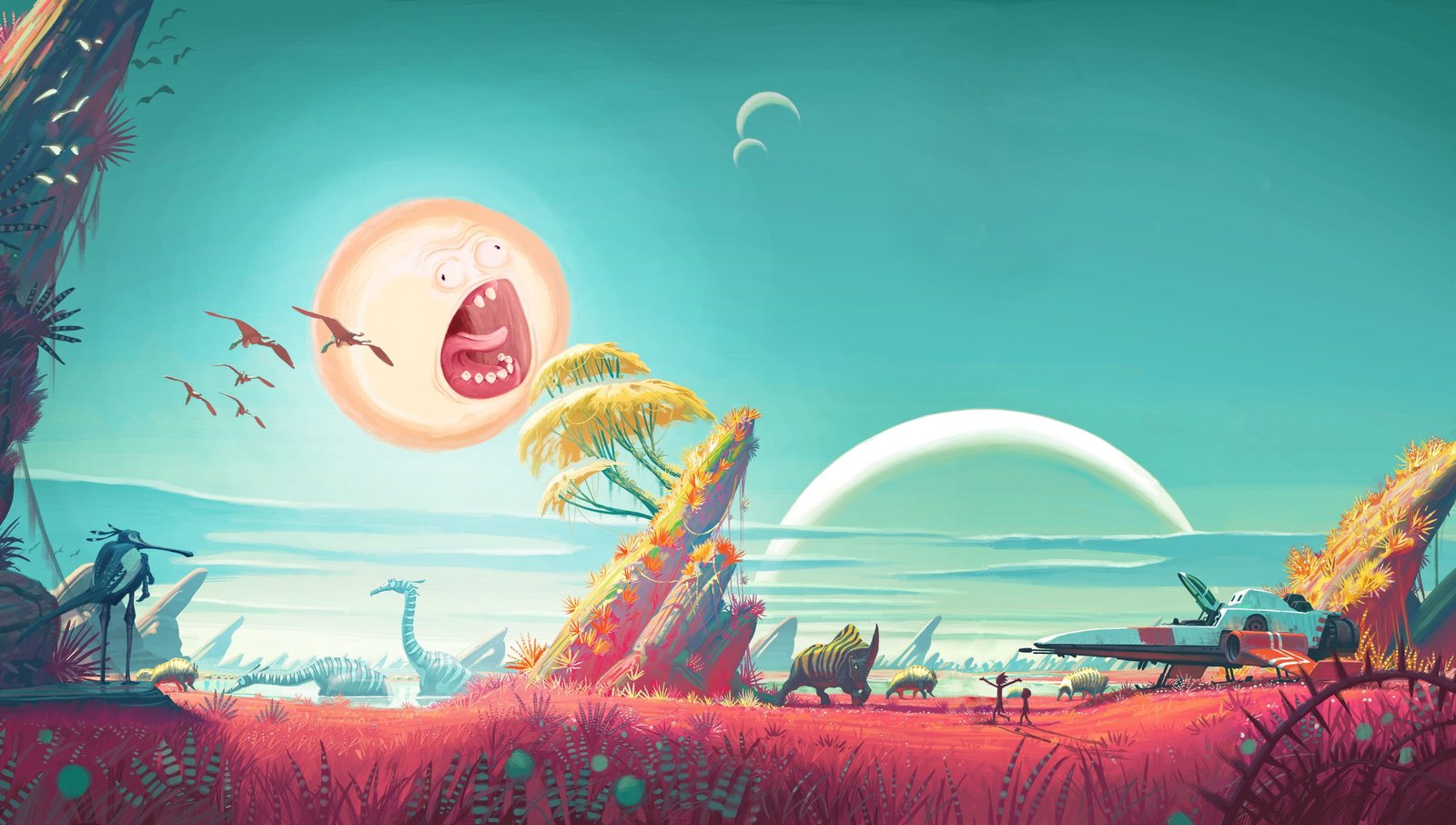 red grass field with dinosaurs illustration fan art digital 2k 4k 5k
