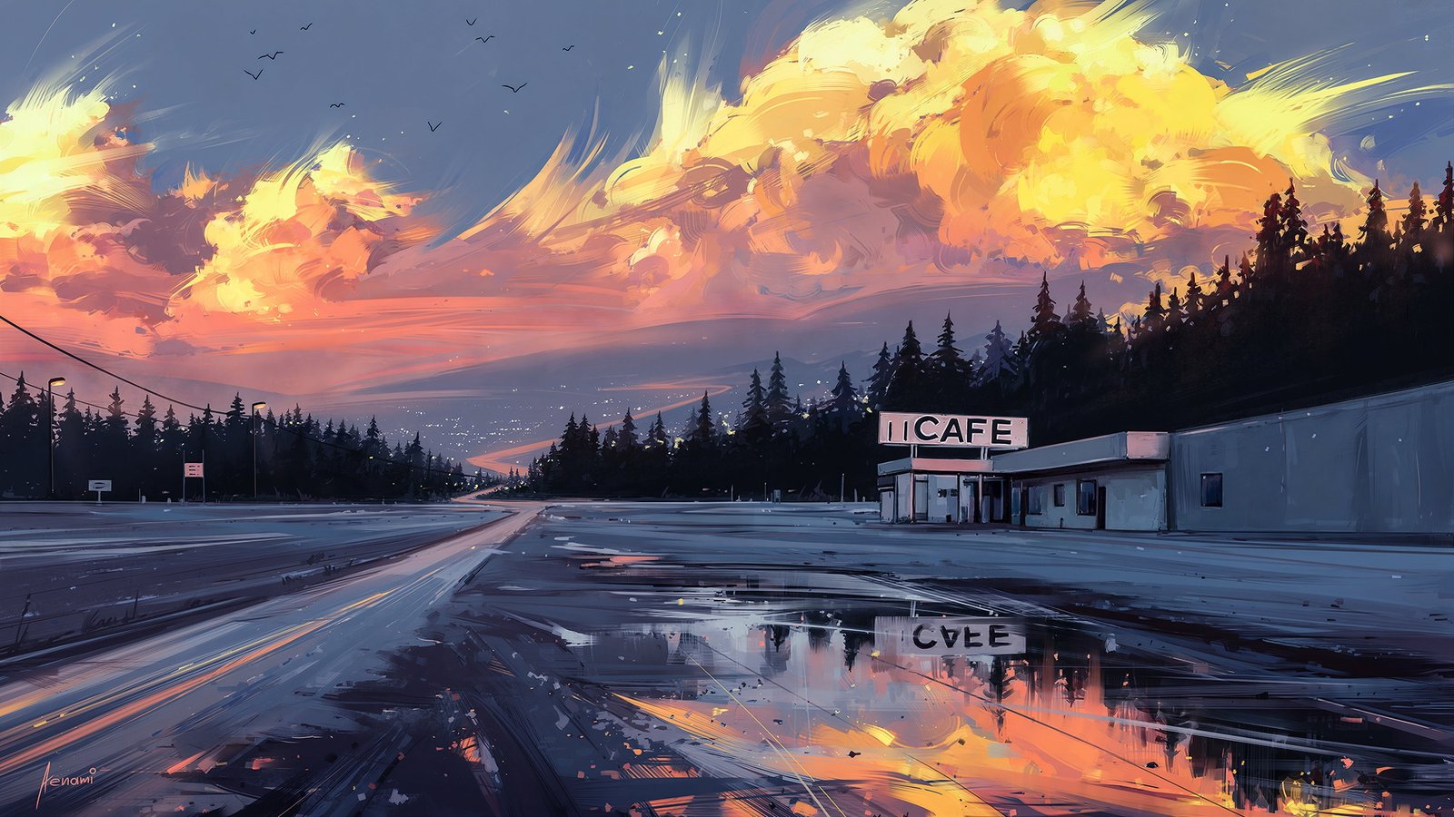 road sunset figure art Horizon landscape cafe Aenami 2k 4k