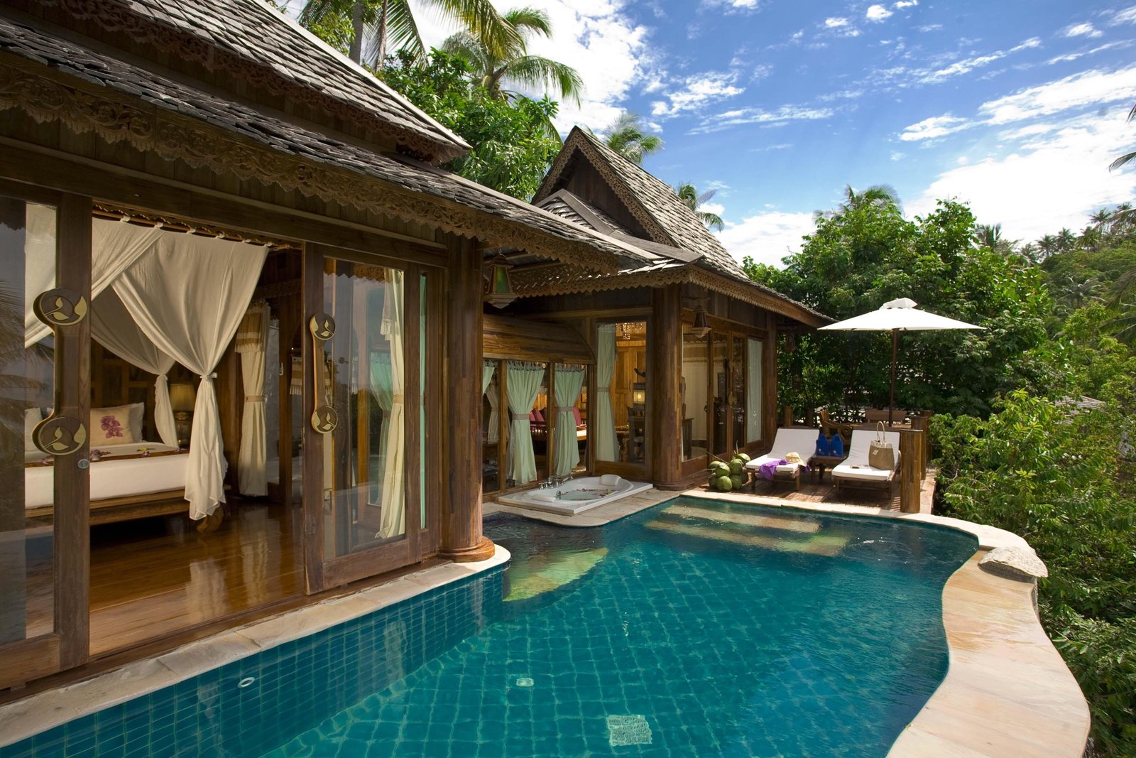 Sea View Luxury Villa and Pool brown wooden framed glass door 2k 4k