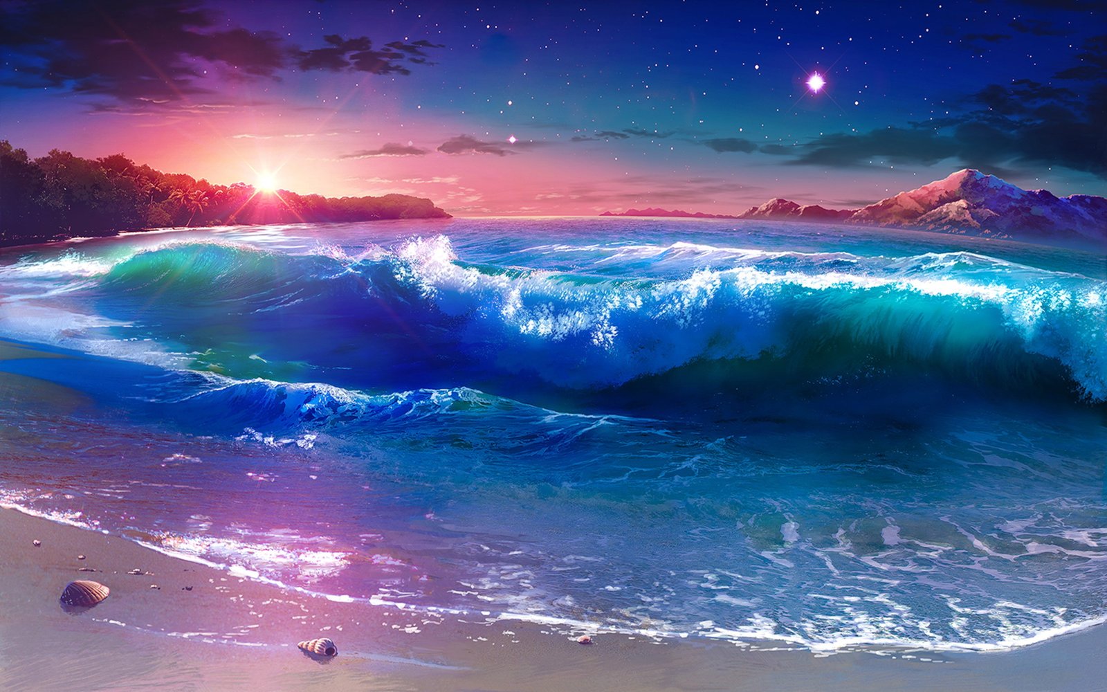 Sunset Darkening Sandy Beach Sea Waves Mountains Tropical Forest Palm Trees Sky Clouds Evening Landscape Fantasy Art Desktop Hd Wallpaper 2k 4k