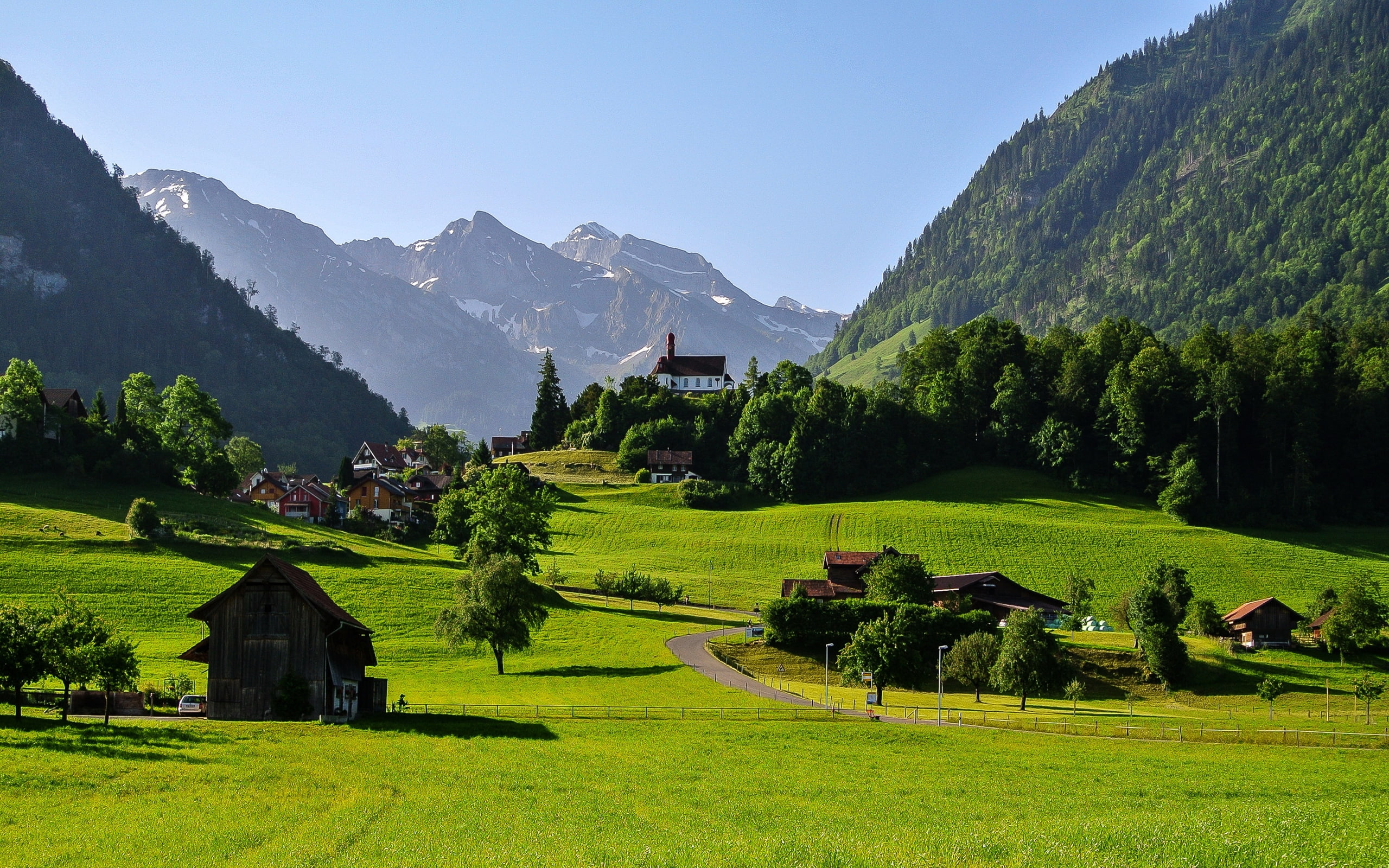 Switzerland Scenery Houses Mountains Grasslands Flueli Trees Cities Nature 2k