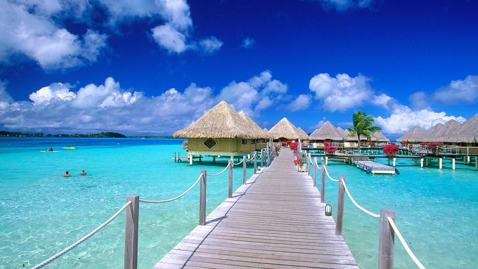 Tahiti Bora French Polynesia Bungalows Wooden Hooks Covered With Straw Sandy Beach Hd Wallpaper High Quality 2k 4k