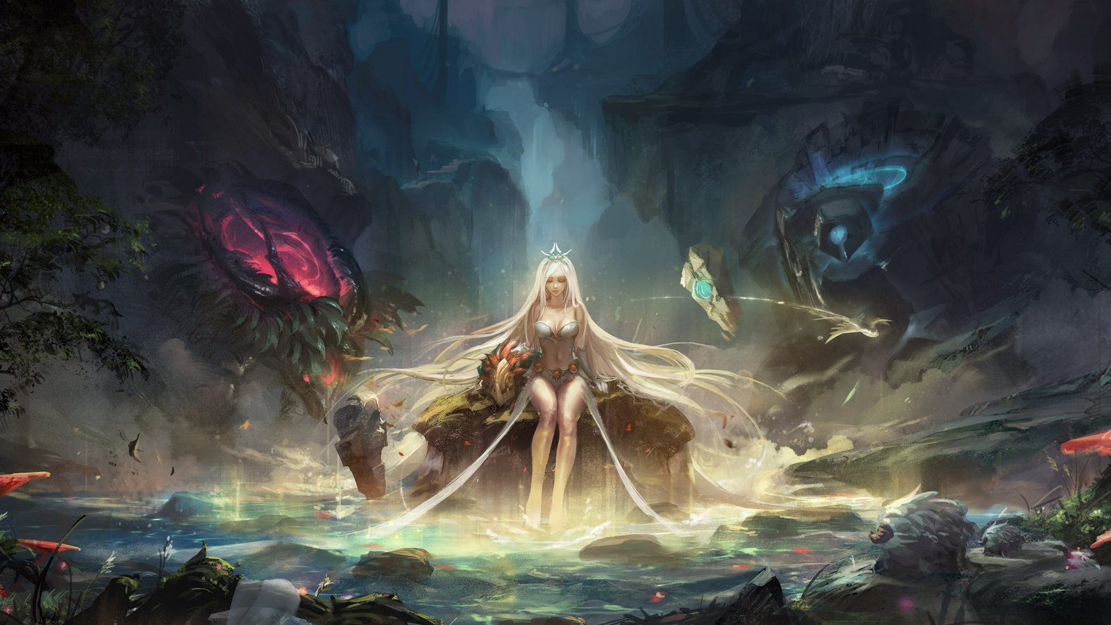 white haired female anime character illustration Technomancer 2k 4k 5k