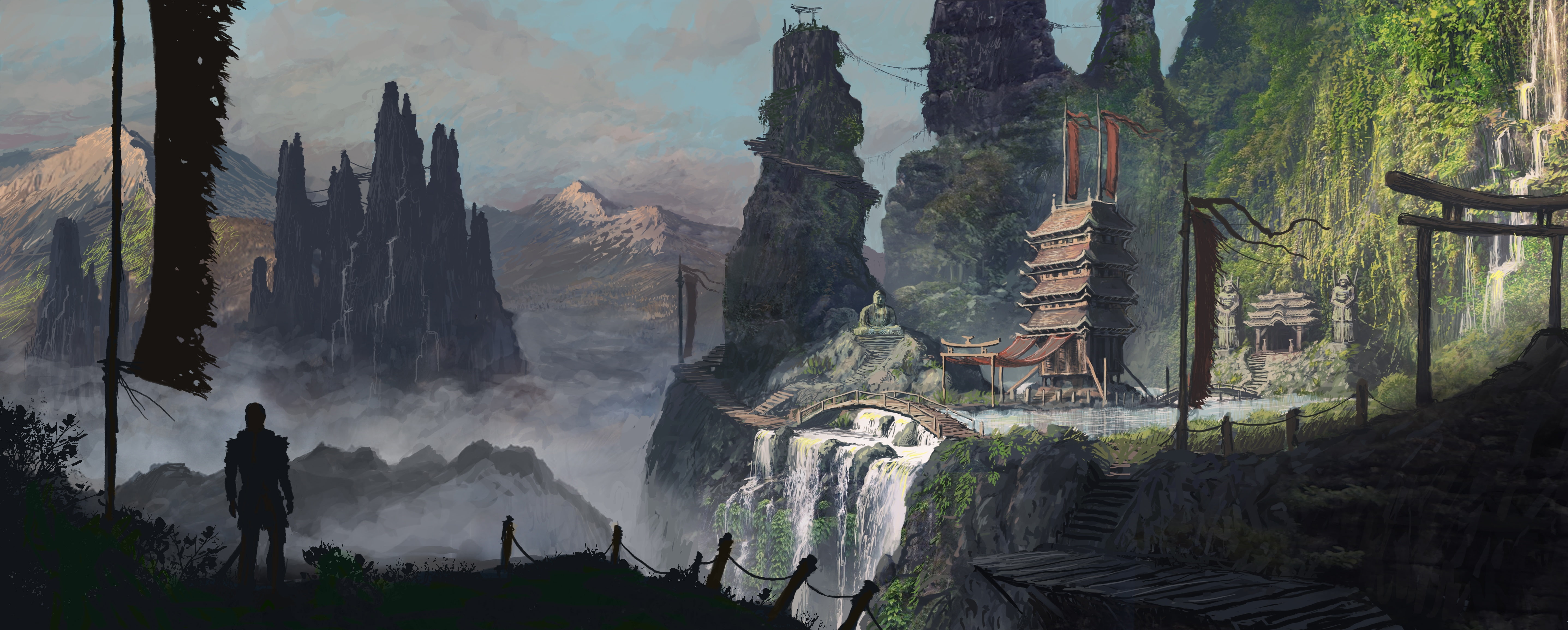 digital art warrior samurai landscape temple Asia mountains 2k 4k 5k