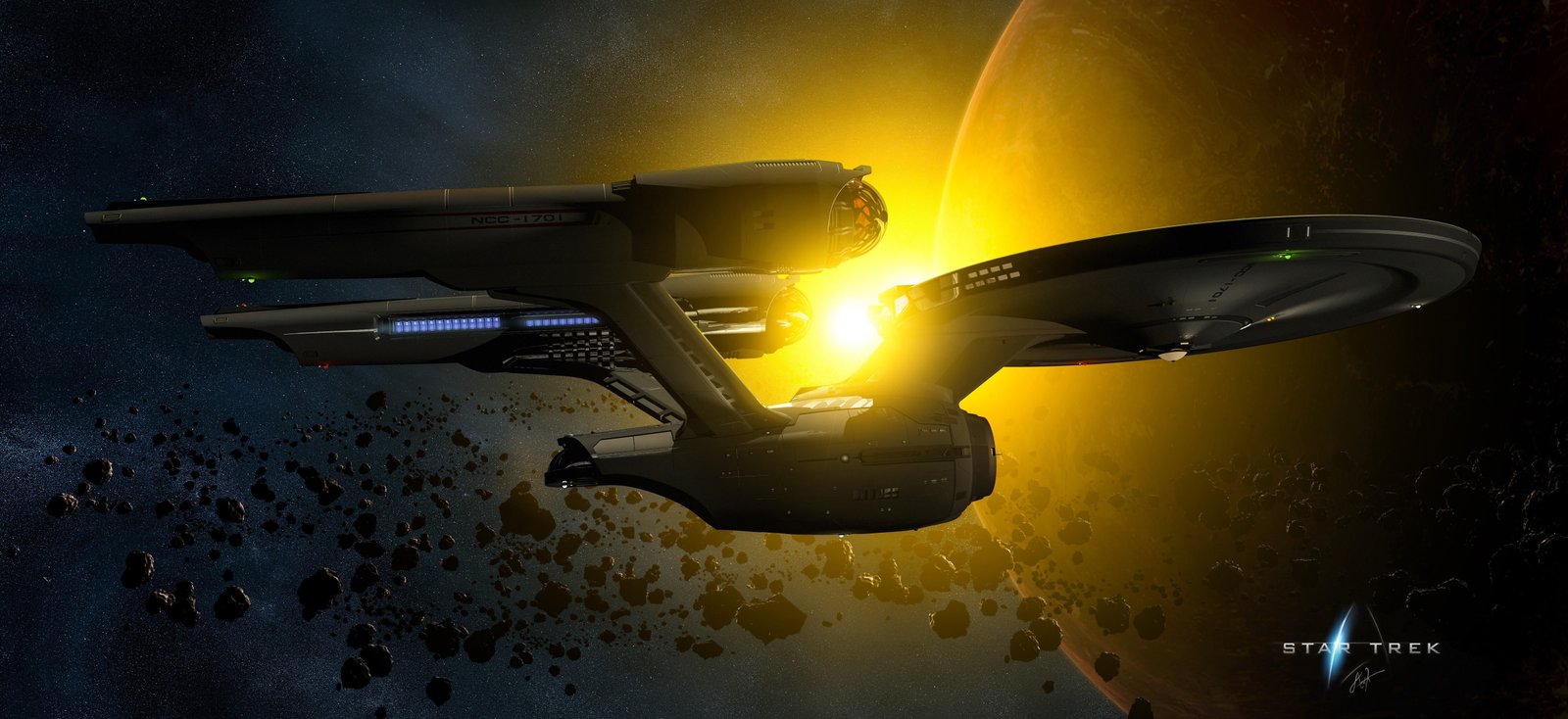Star Trek Enterprise illustration spaceship asteroid Sun planet 2k 4k 5k