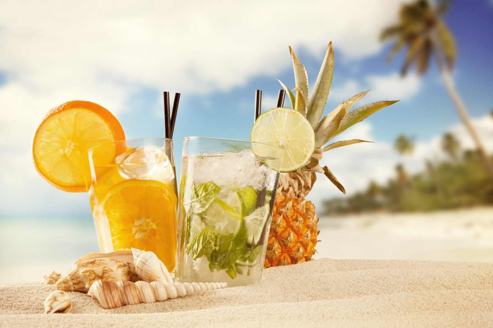 two clear drinking glasses sea beach cocktail summer fruit 2k 4k 5k