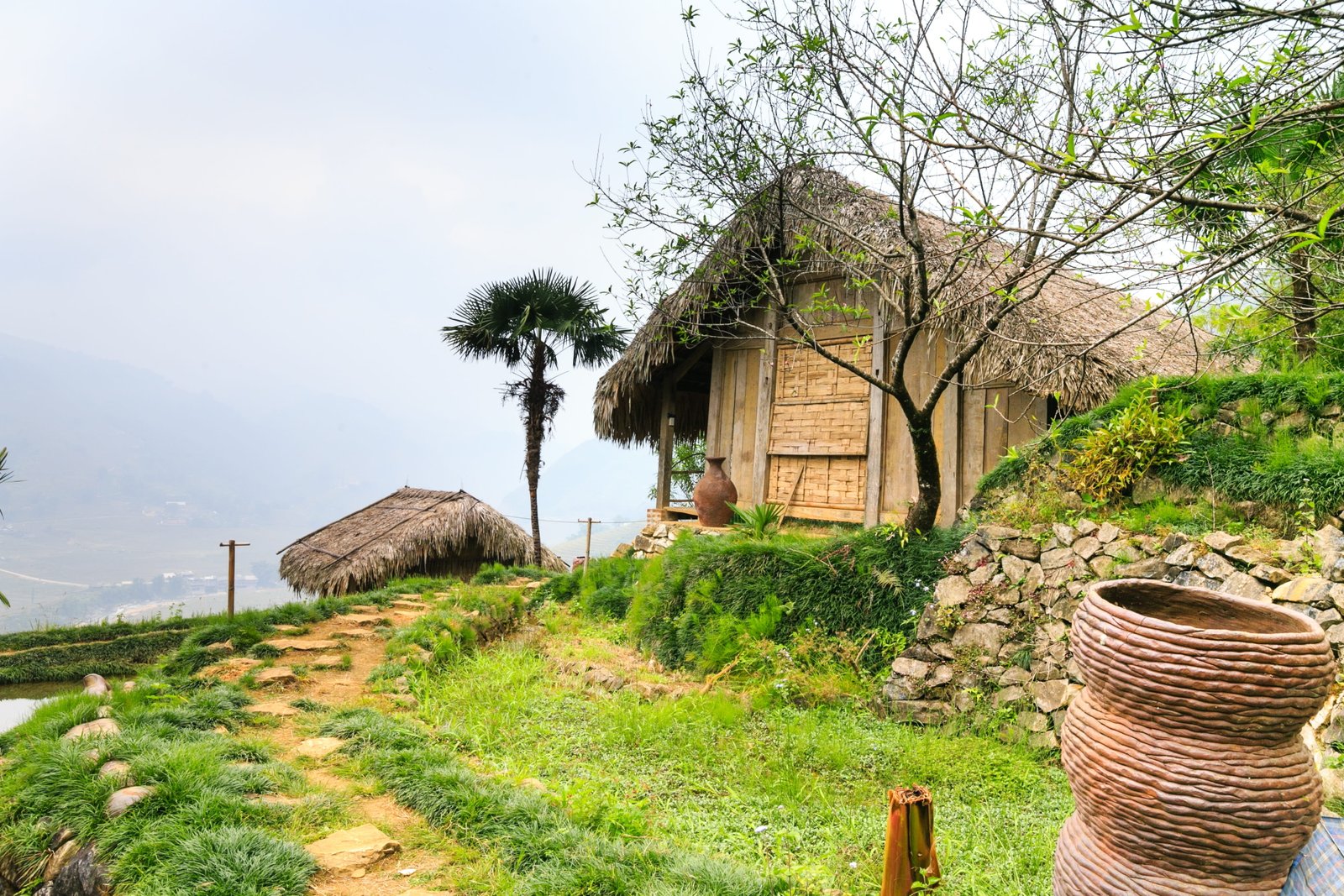brown nipa hut beside tree water see asia rice vietnam sa pa 2k 4k