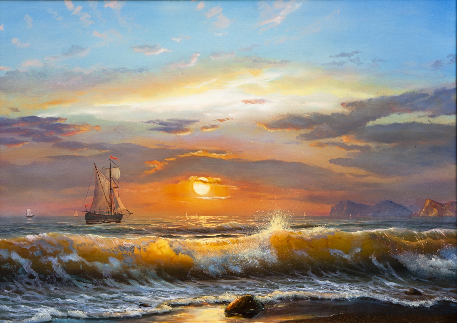 galleon ship illustration sea wave the sky clouds landscape 2k 4k 5k